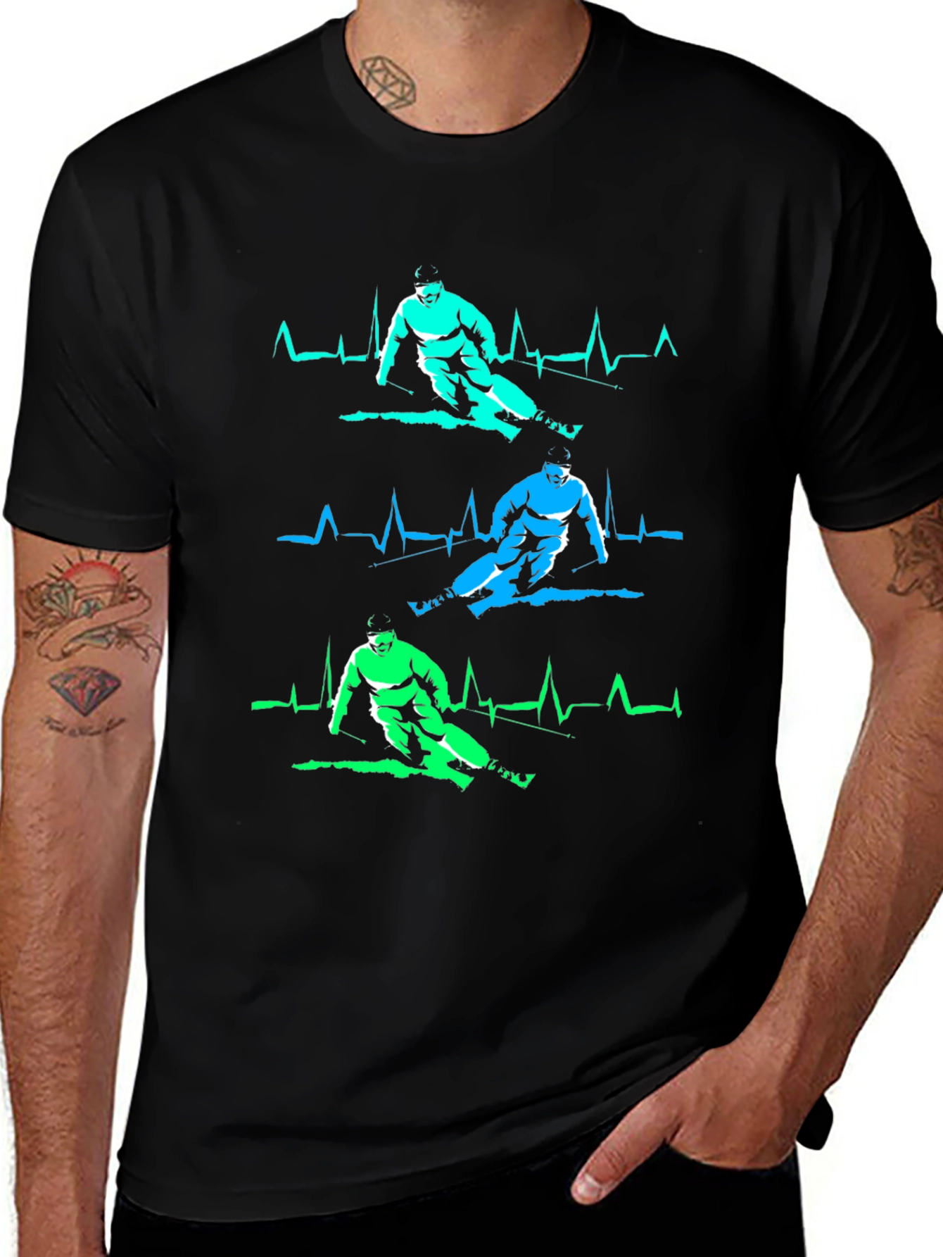 Variant 13 of Skiing Heartbeat T-Shirt - Black Cotton Ski Apparel