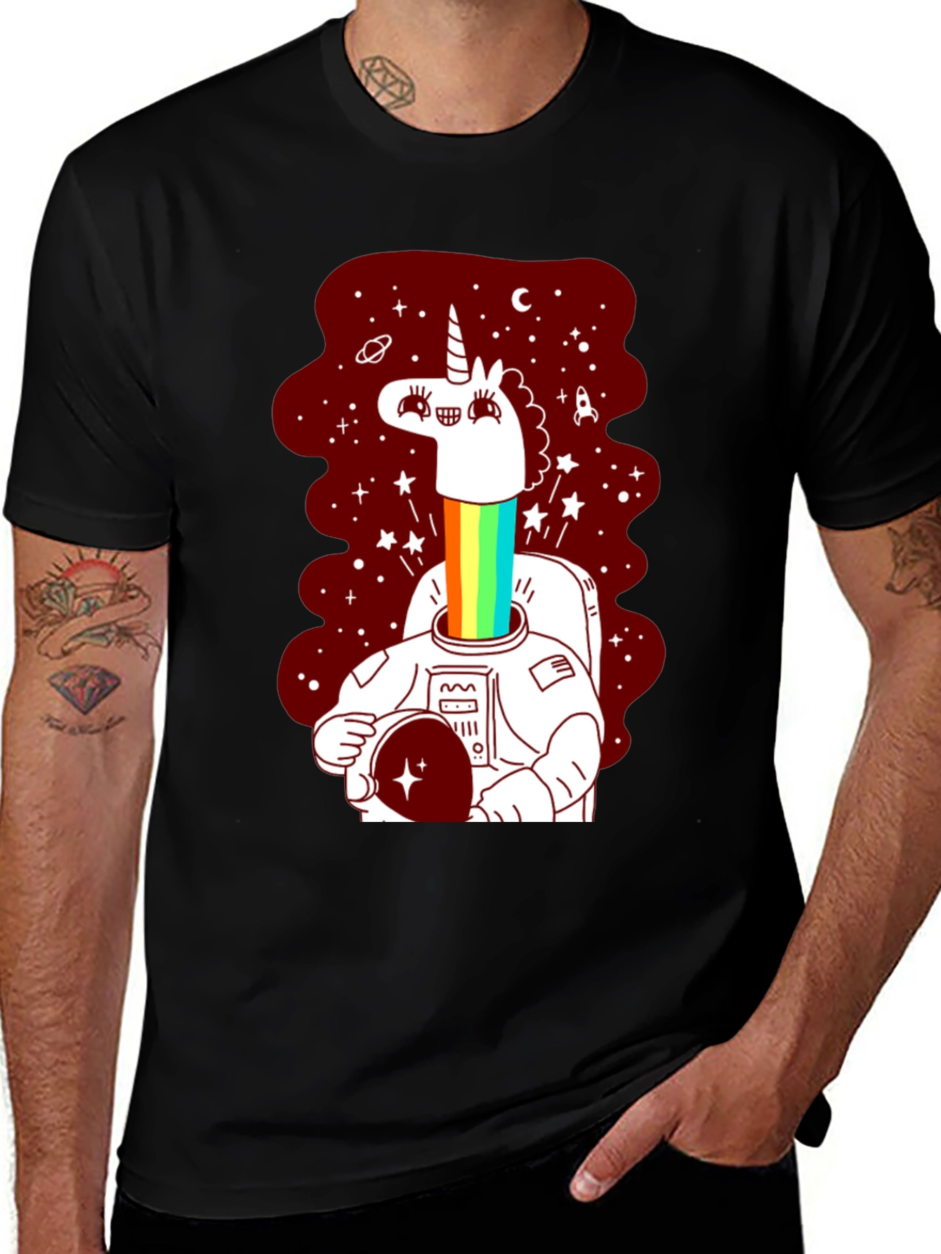 Unicorn Astronaut Graphic Tee - Black Cotton Blend