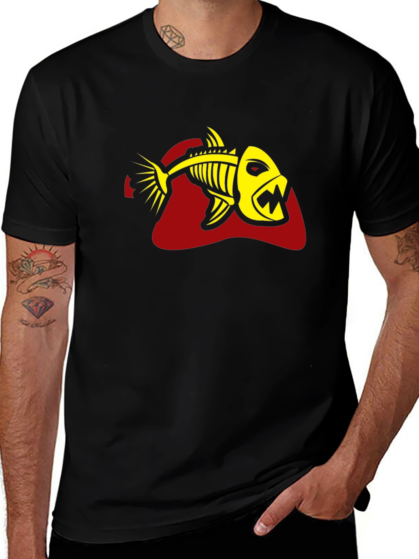 Variant 8 of Men's Black T-Shirt - Yellow Fish Skeleton Graphic