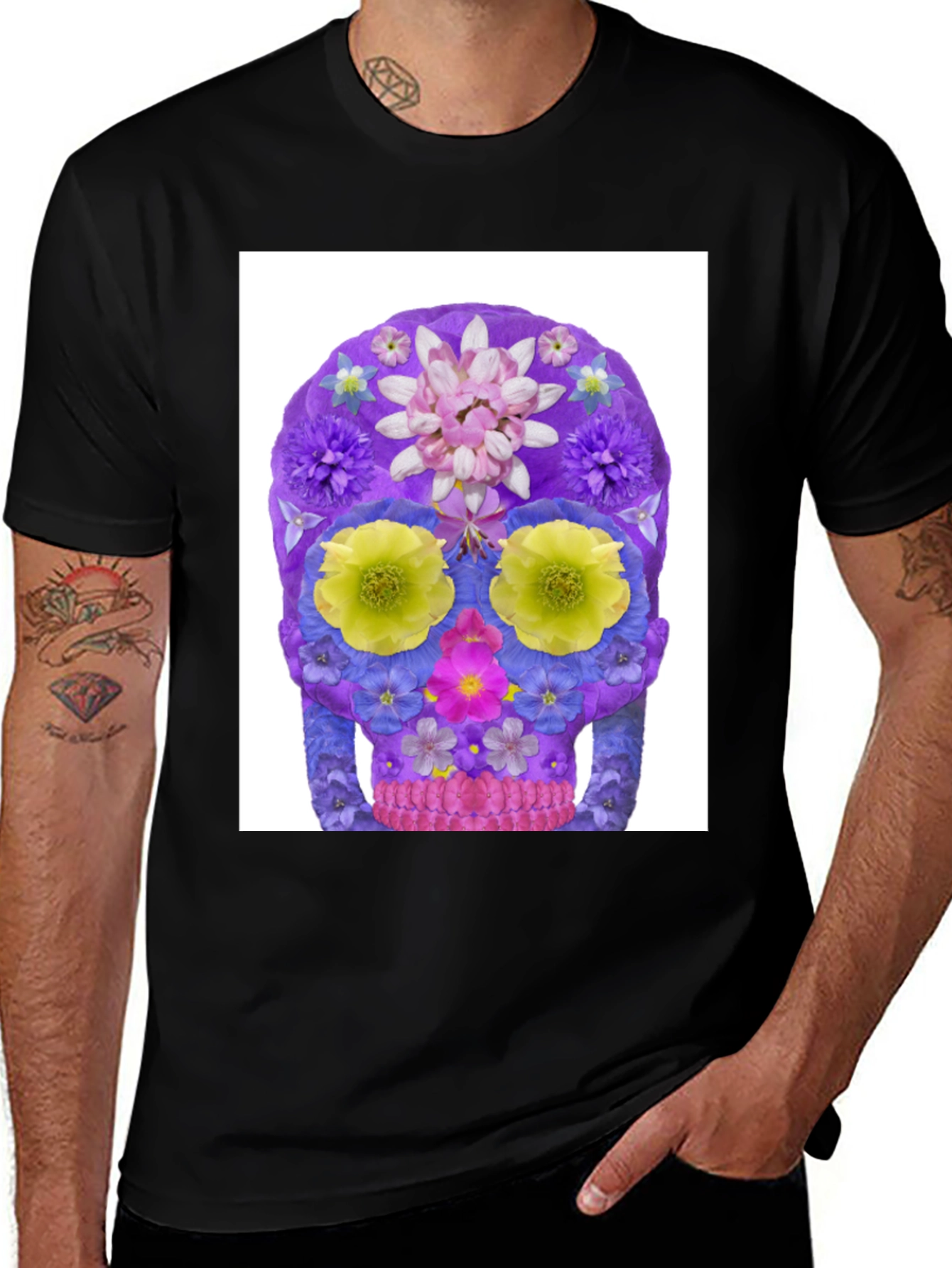 Variant 22 of Floral Sugar Skull Graphic Tee - Black Cotton T-Shirt