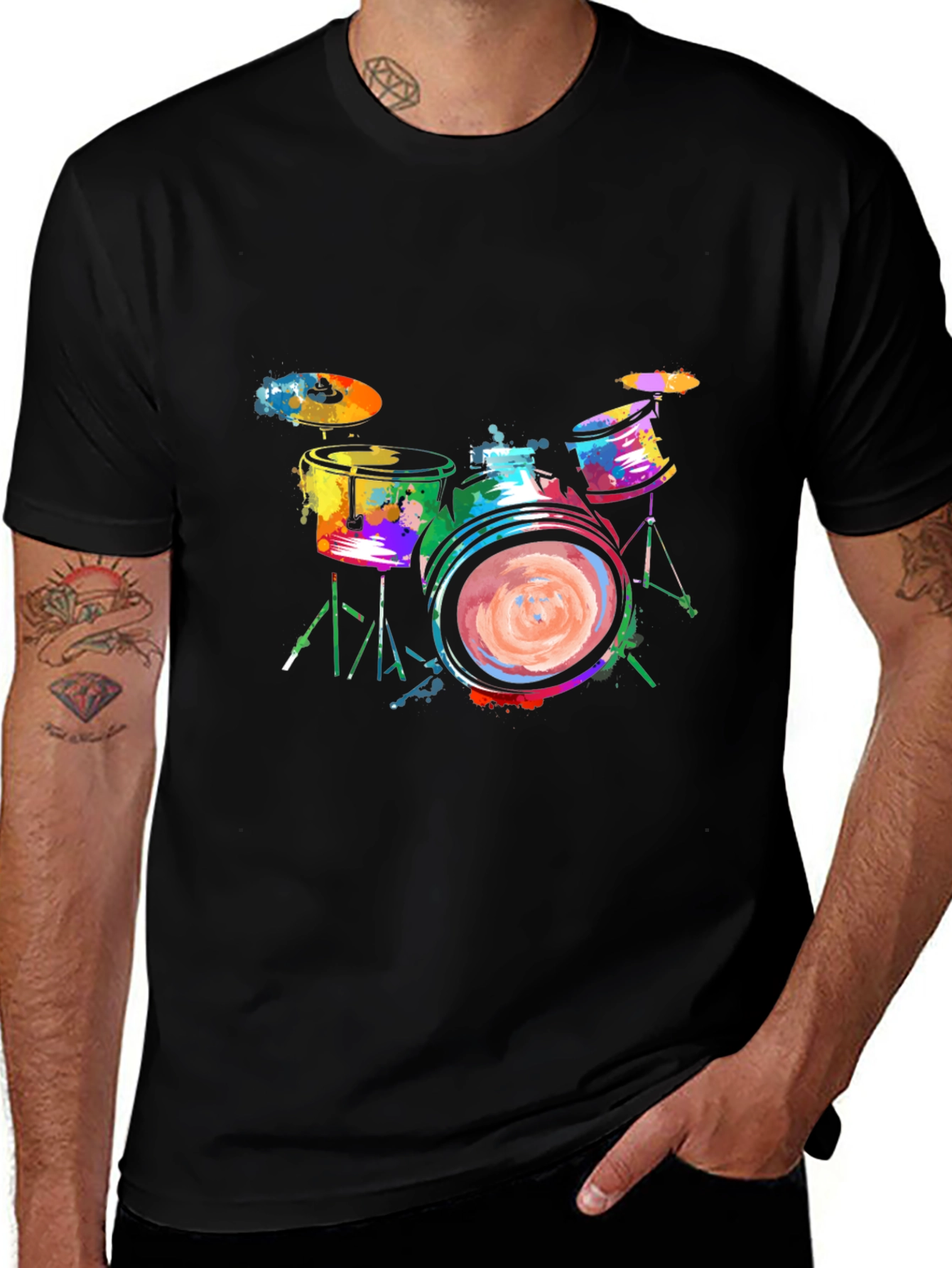 Variant 13 of Colorful Drums Graphic Tee - Black Cotton T-Shirt