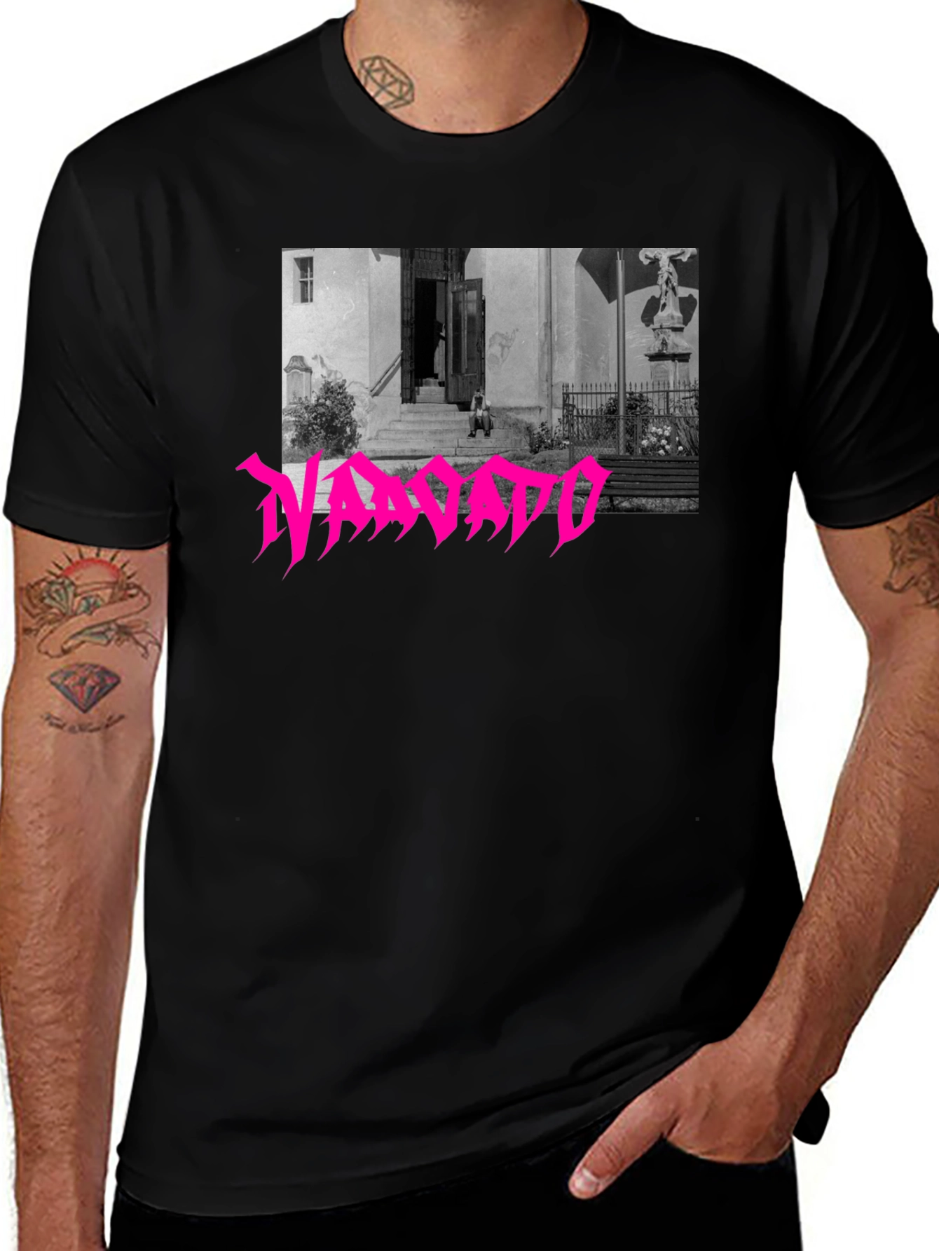 Variant 5 of Black T-Shirt with Pink 'NAKAPADO' Graphic Print