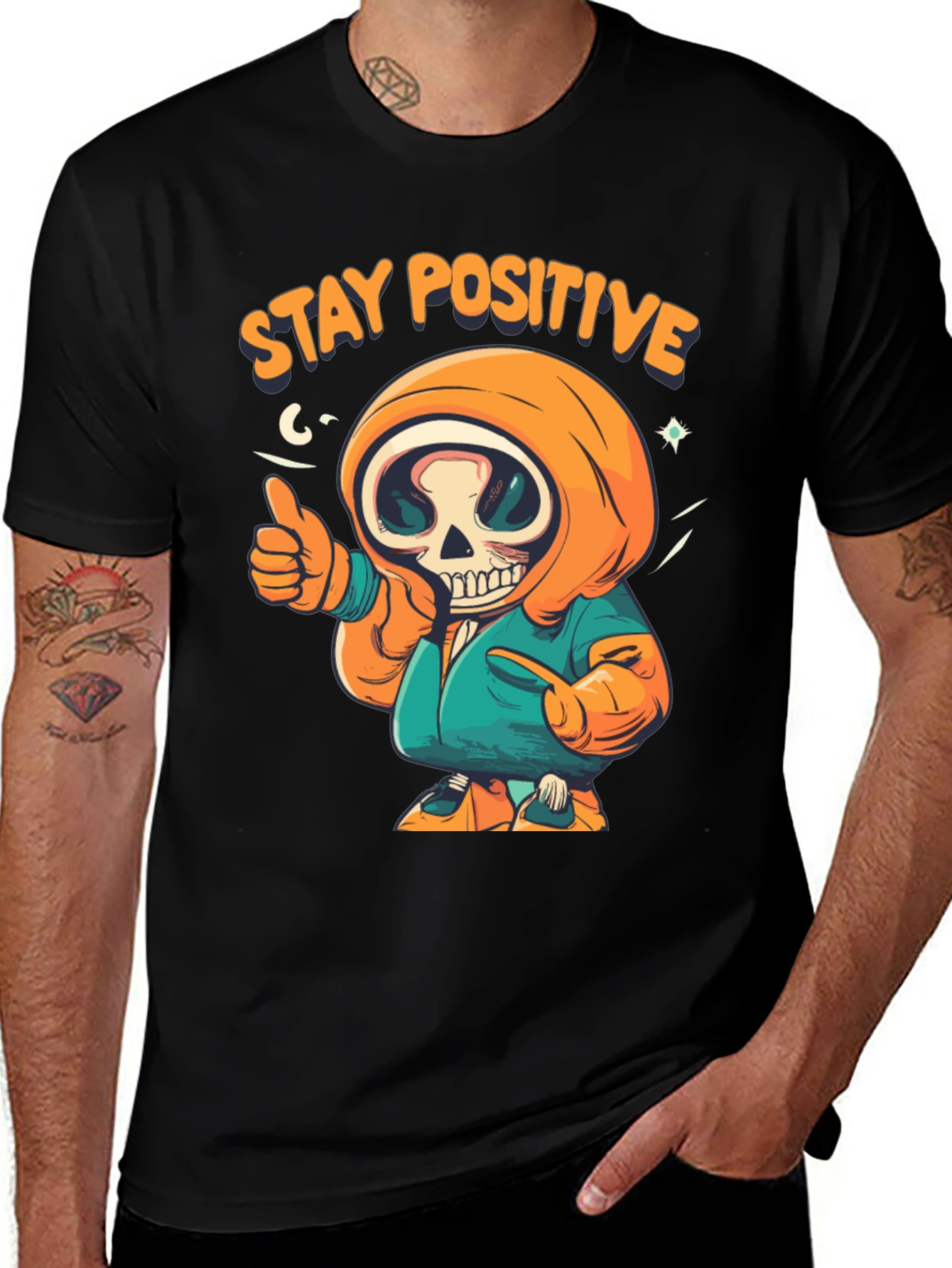 Black Stay Positive Graphic Tee - Skeleton Design main image