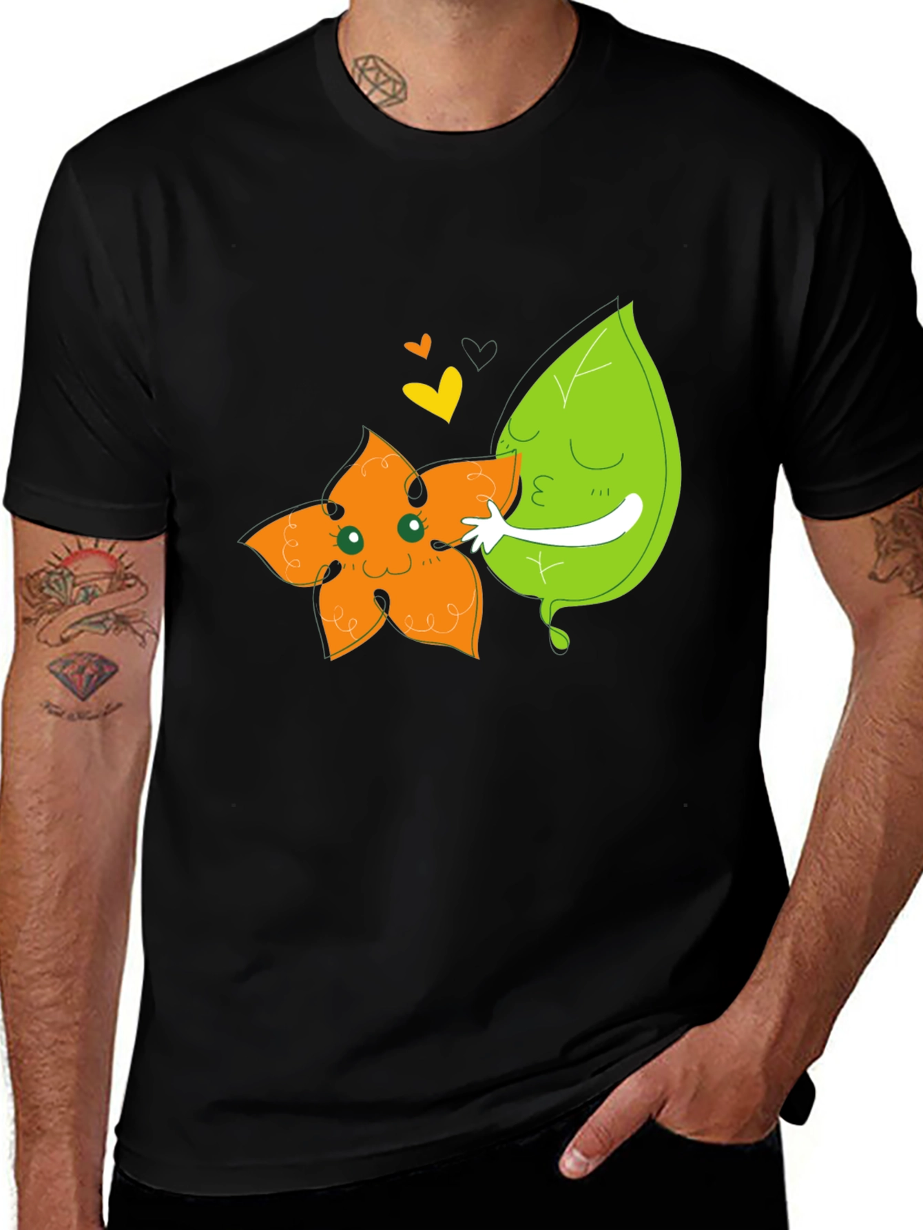 Variant 2 of Cute Flower & Leaf Hugging Graphic Black T-Shirt