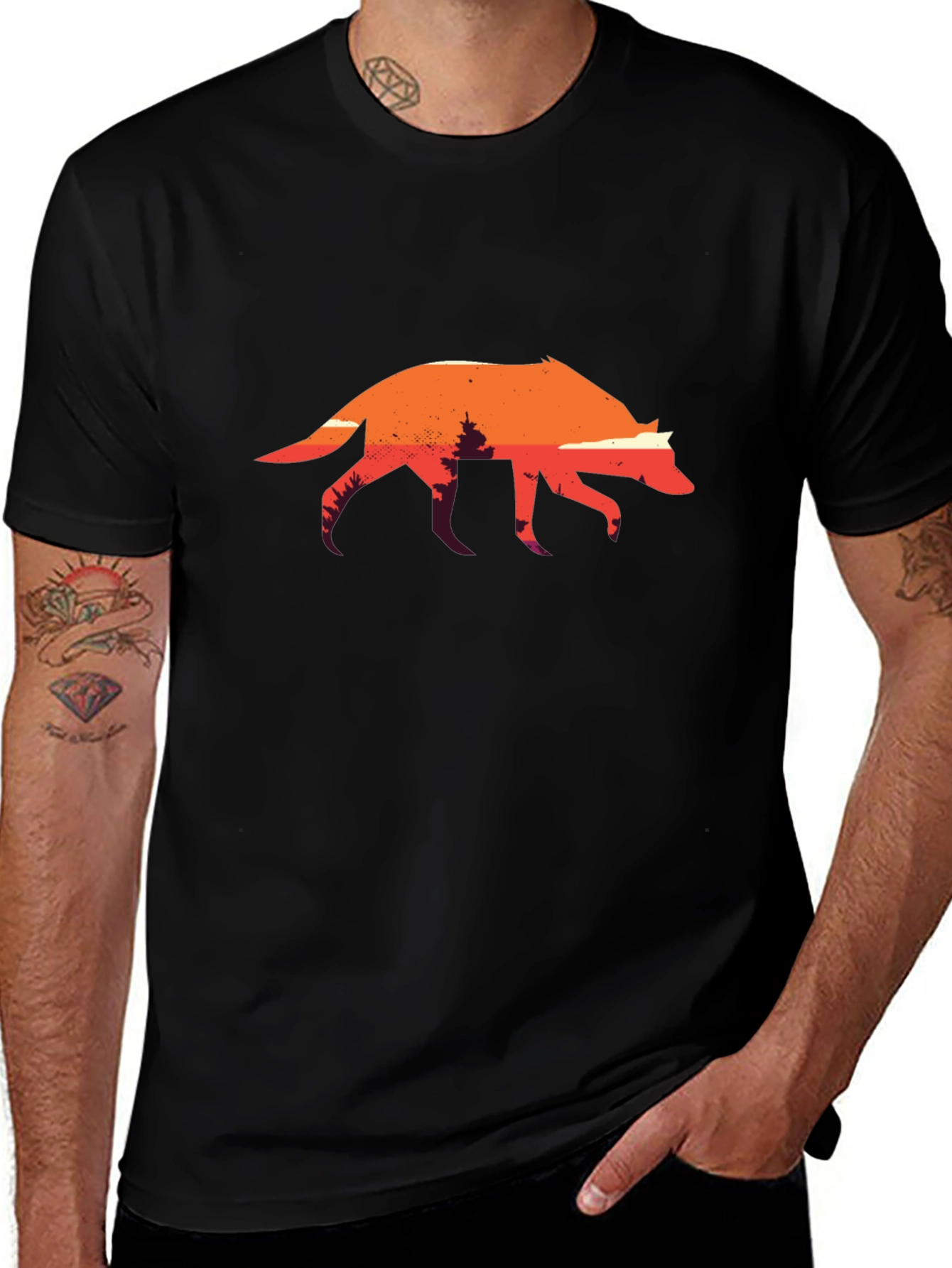 Variant 18 of Sunset Wolf Graphic Tee - Black Cotton T-Shirt