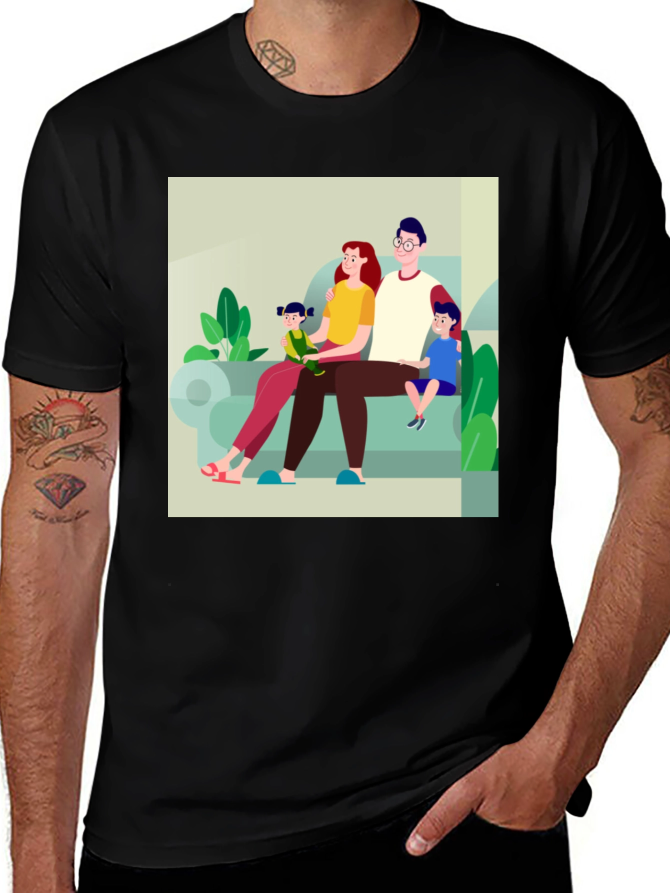 Variant 8 of Family Cartoon Print Black T-Shirt