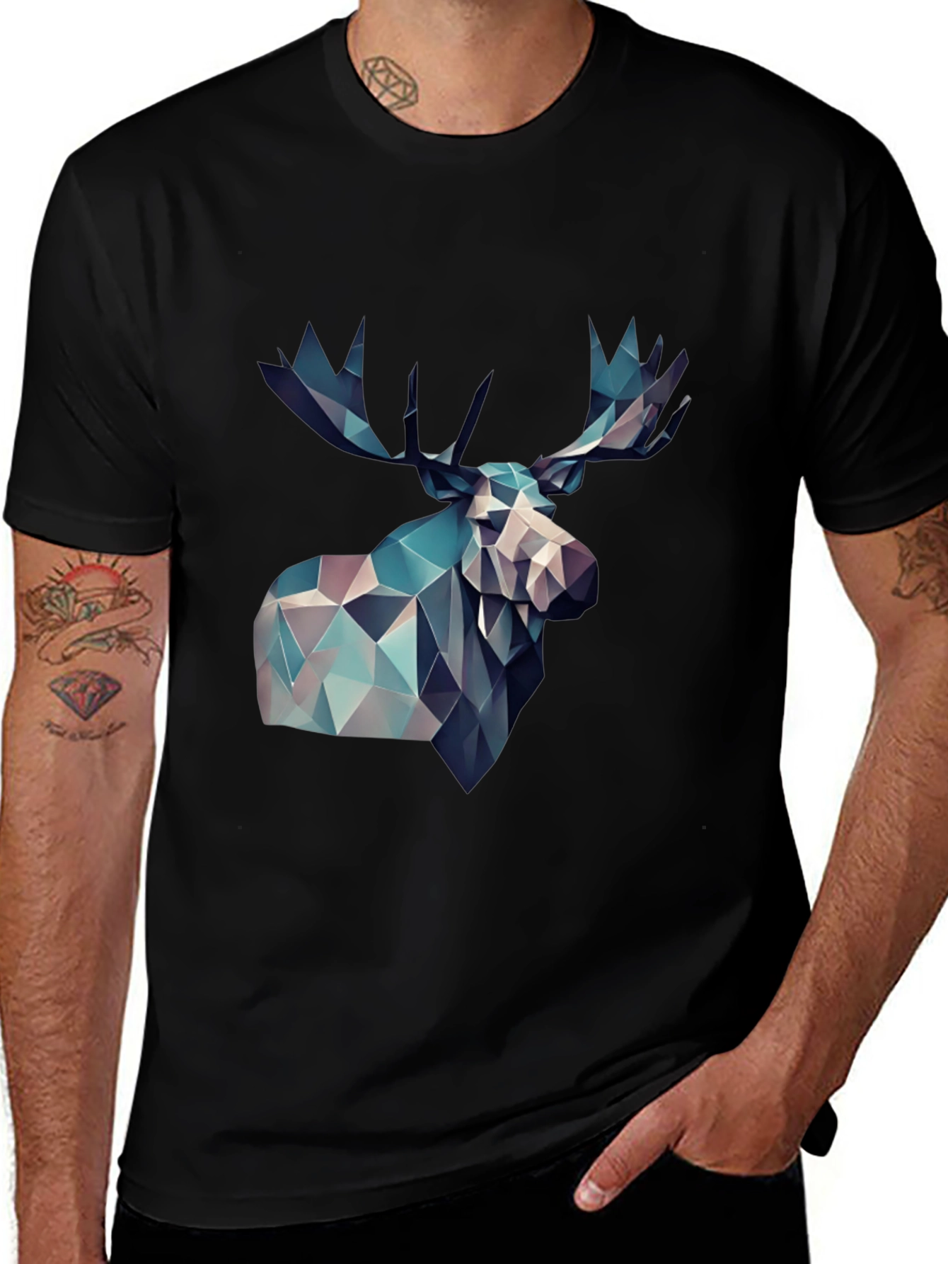 Variant 5 of Geometric Moose Graphic Print Black T-Shirt