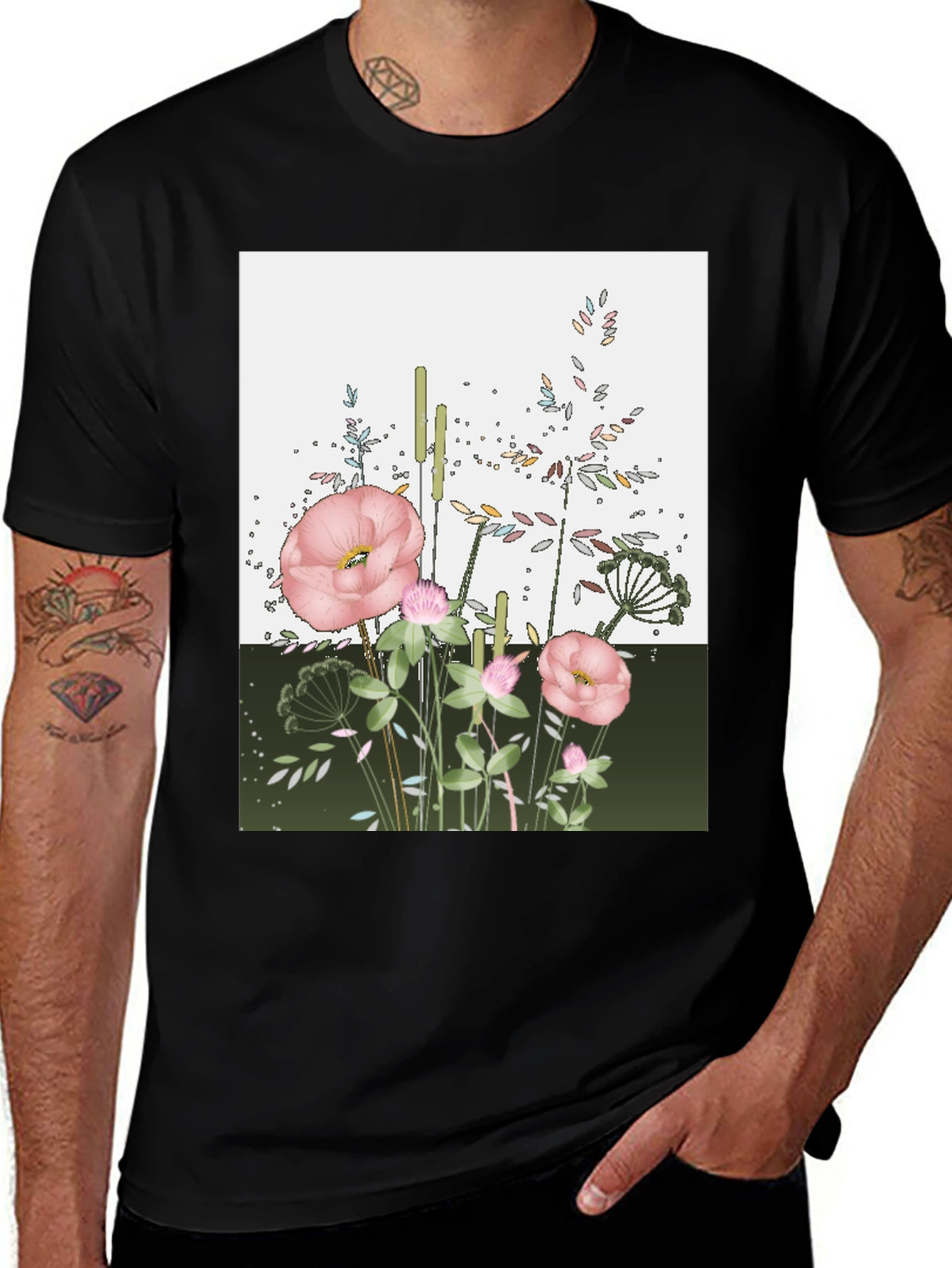 Floral Print Black T-Shirt: Modern Botanical Design