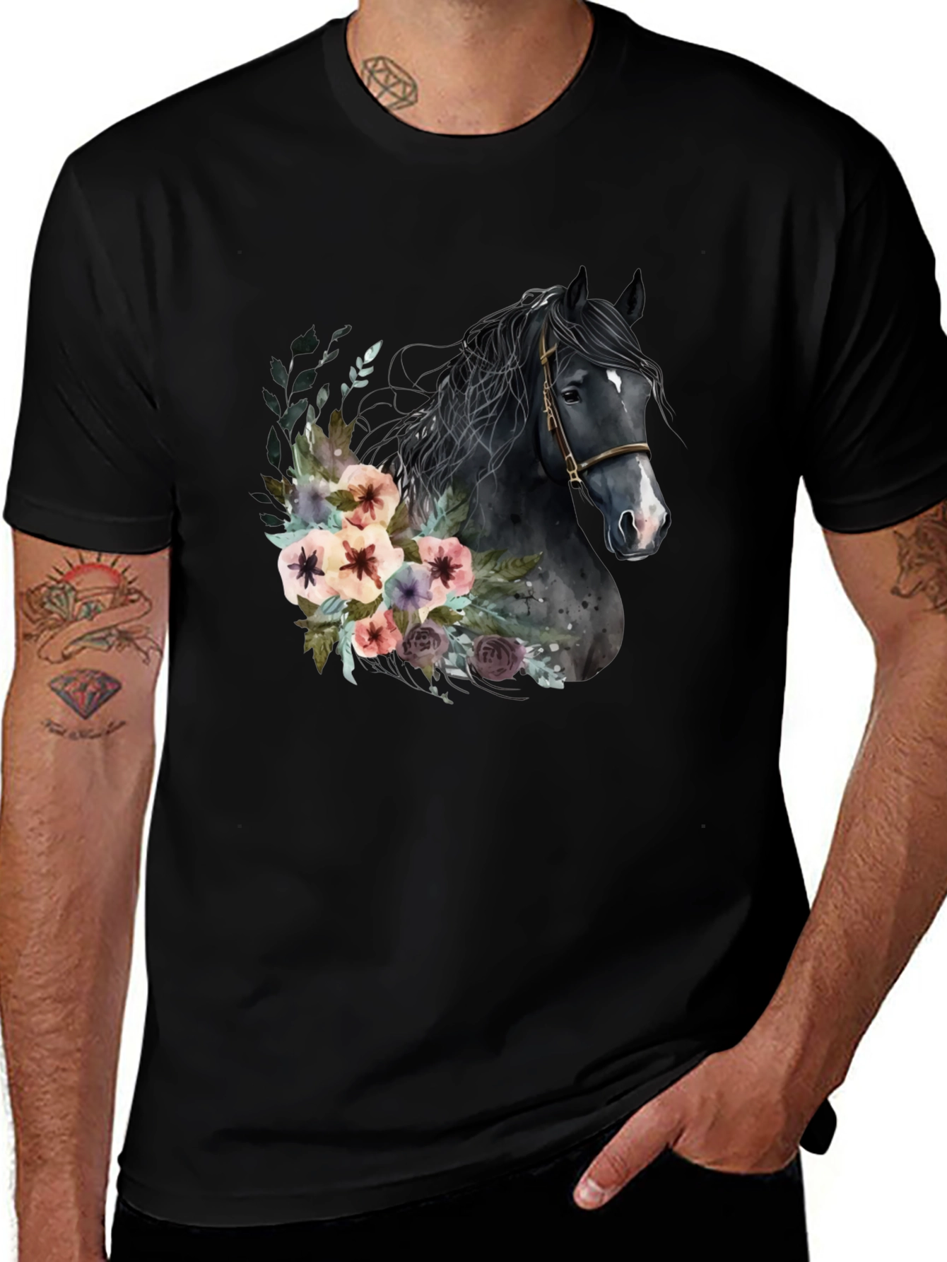 Variant 6 of Floral Horse Graphic Tee - Unique Black T-Shirt