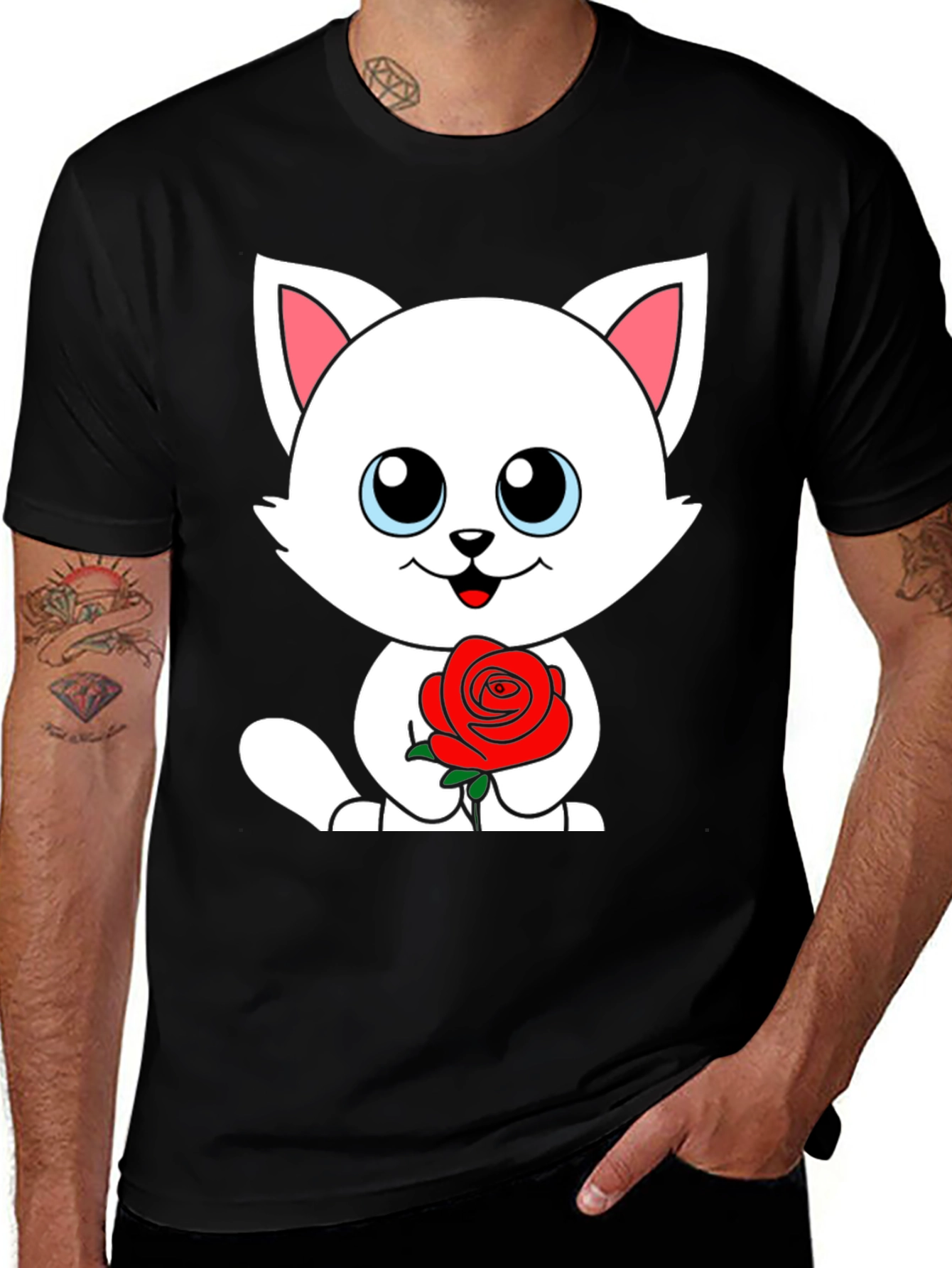 Variant 27 of Cute Cat Rose Graphic Black T-Shirt