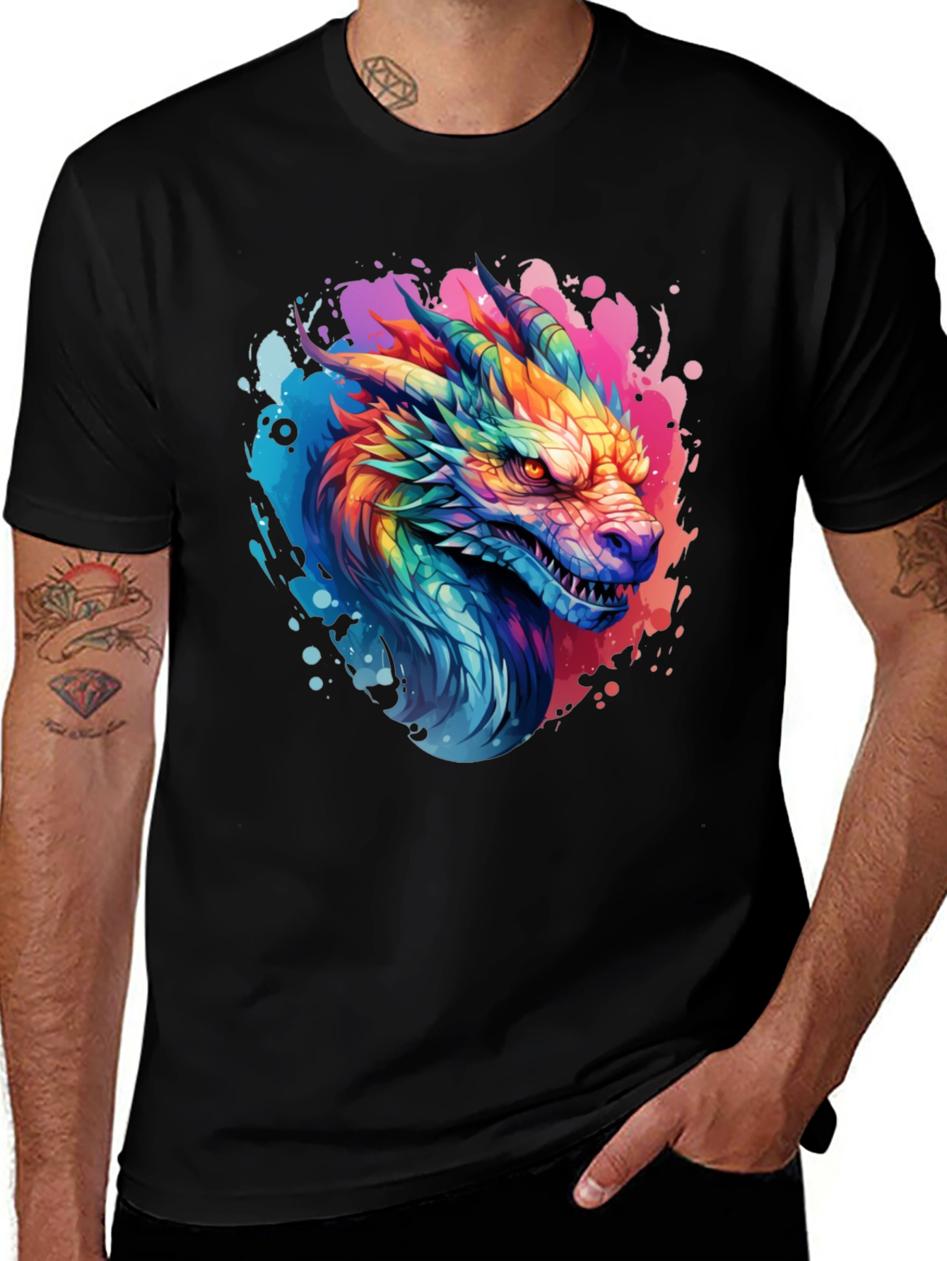 Variant 18 of Rainbow Dragon Graphic T-Shirt - Men's Black Tee