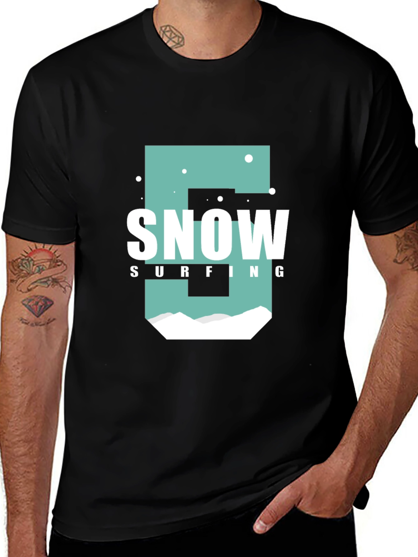 Variant 15 of Snow Surfing Graphic T-Shirt, Black Cotton Tee