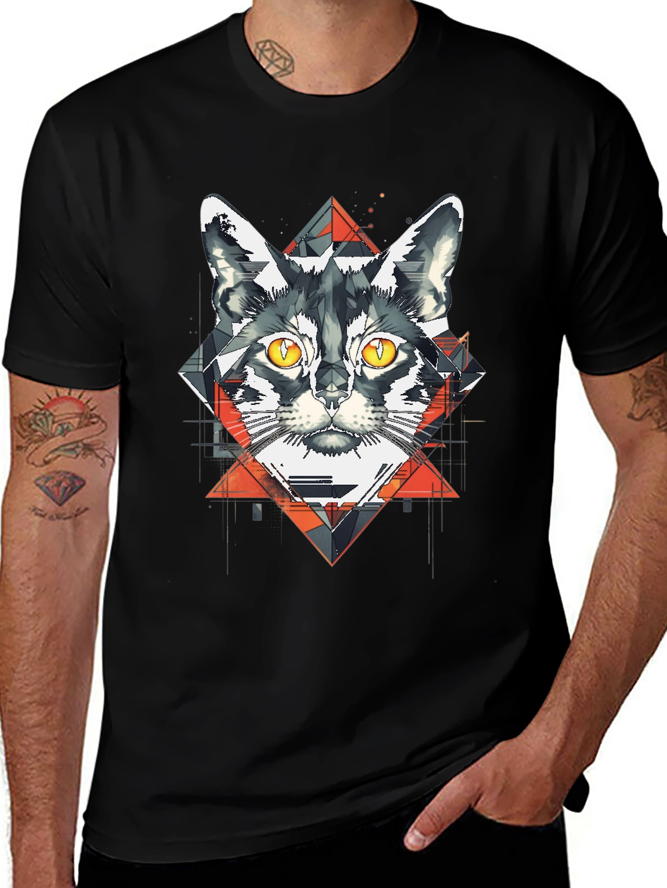 Variant 27 of Geometric Cat Graphic Black T-Shirt