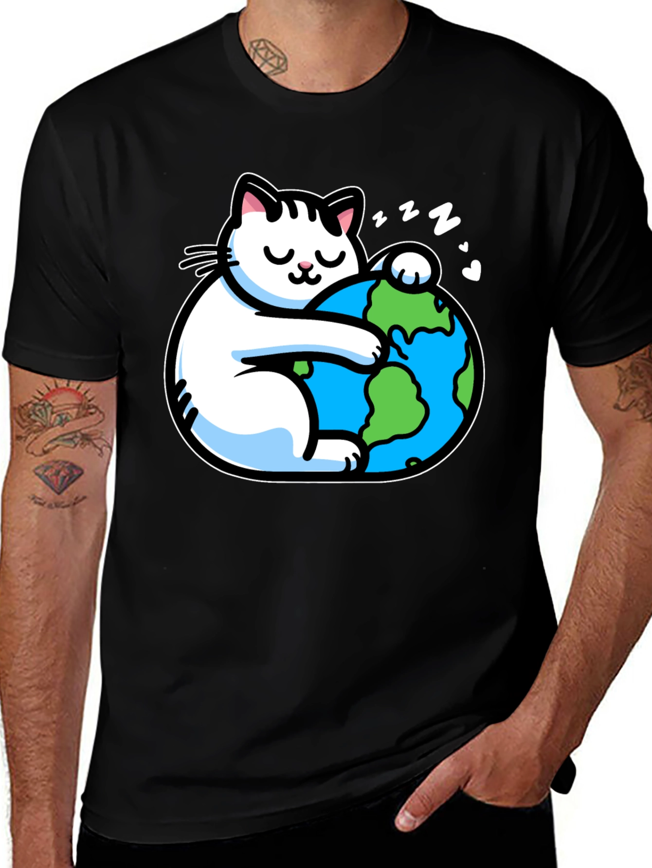 Variant 18 of Cat Hugging Earth T-Shirt - Black