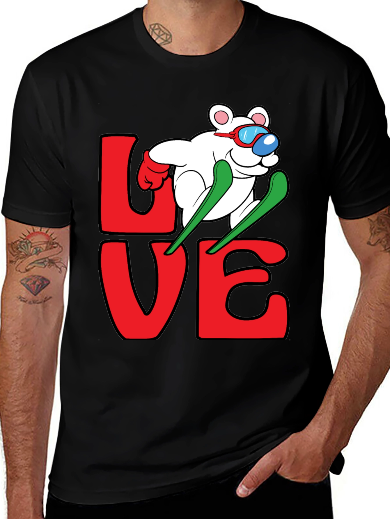Black Skiing Bear Love Graphic Tee - Black Cotton T-Shirt main image