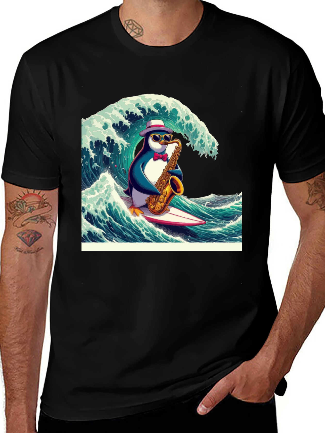Variant 15 of Penguin Saxophone Surfer Graphic Tee