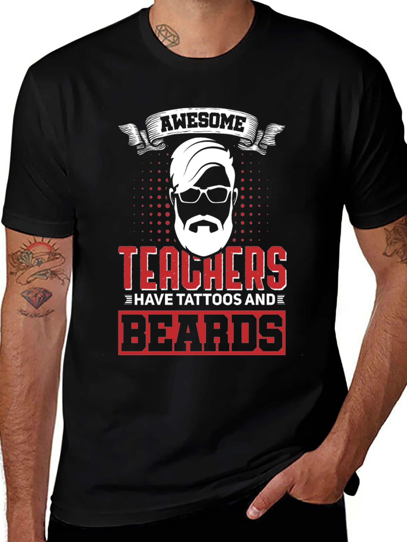 Variant 7 of Awesome Teacher Tattoo Beard Black T-Shirt