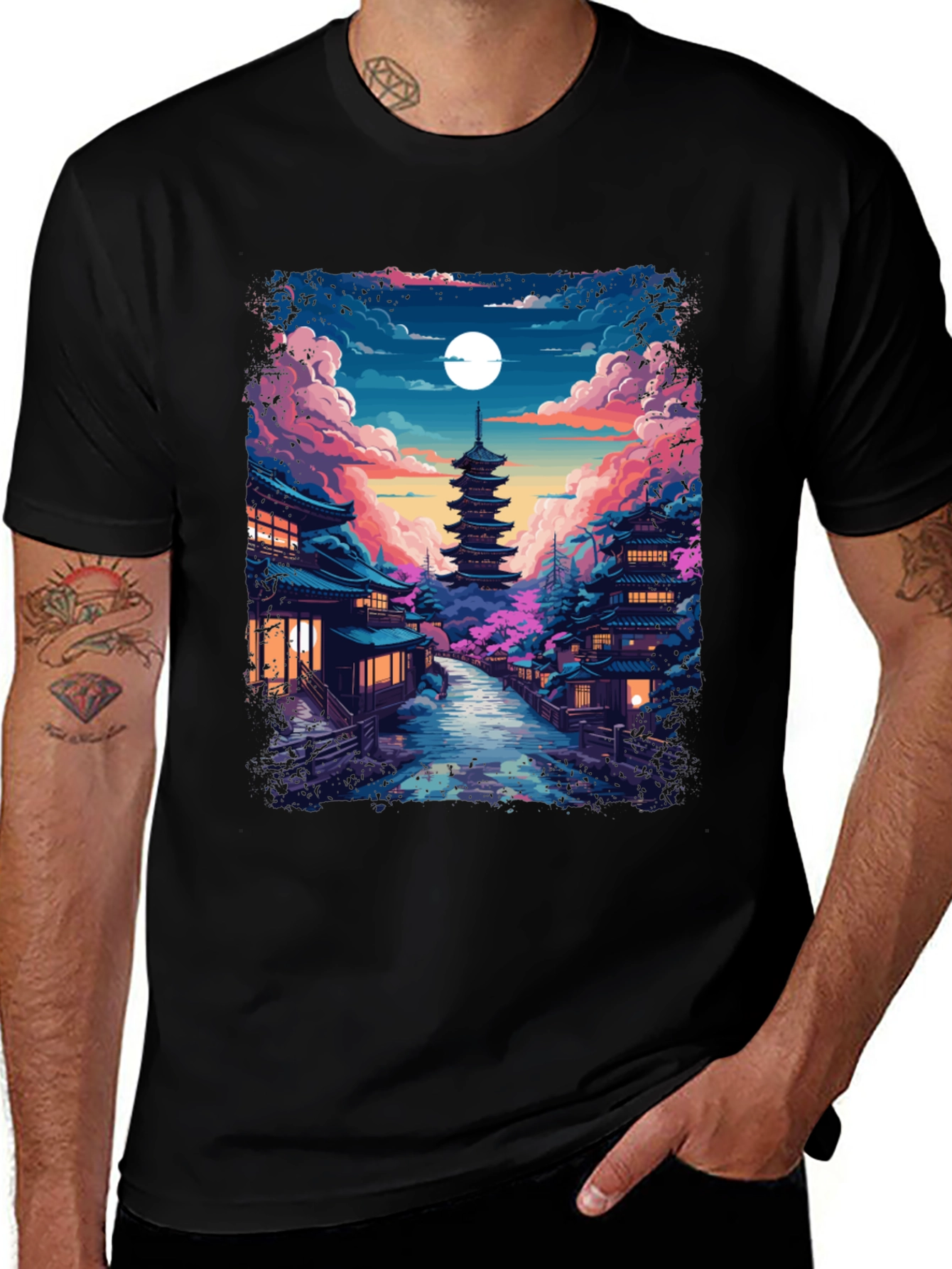 Variant 5 of Night Sakura T-Shirt: Japanese Pagoda Moonlit Scene Tee