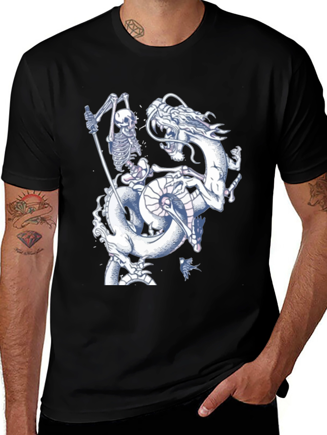 Variant 14 of Dragon and Skeleton Graphic Tee - Black Cotton Blend