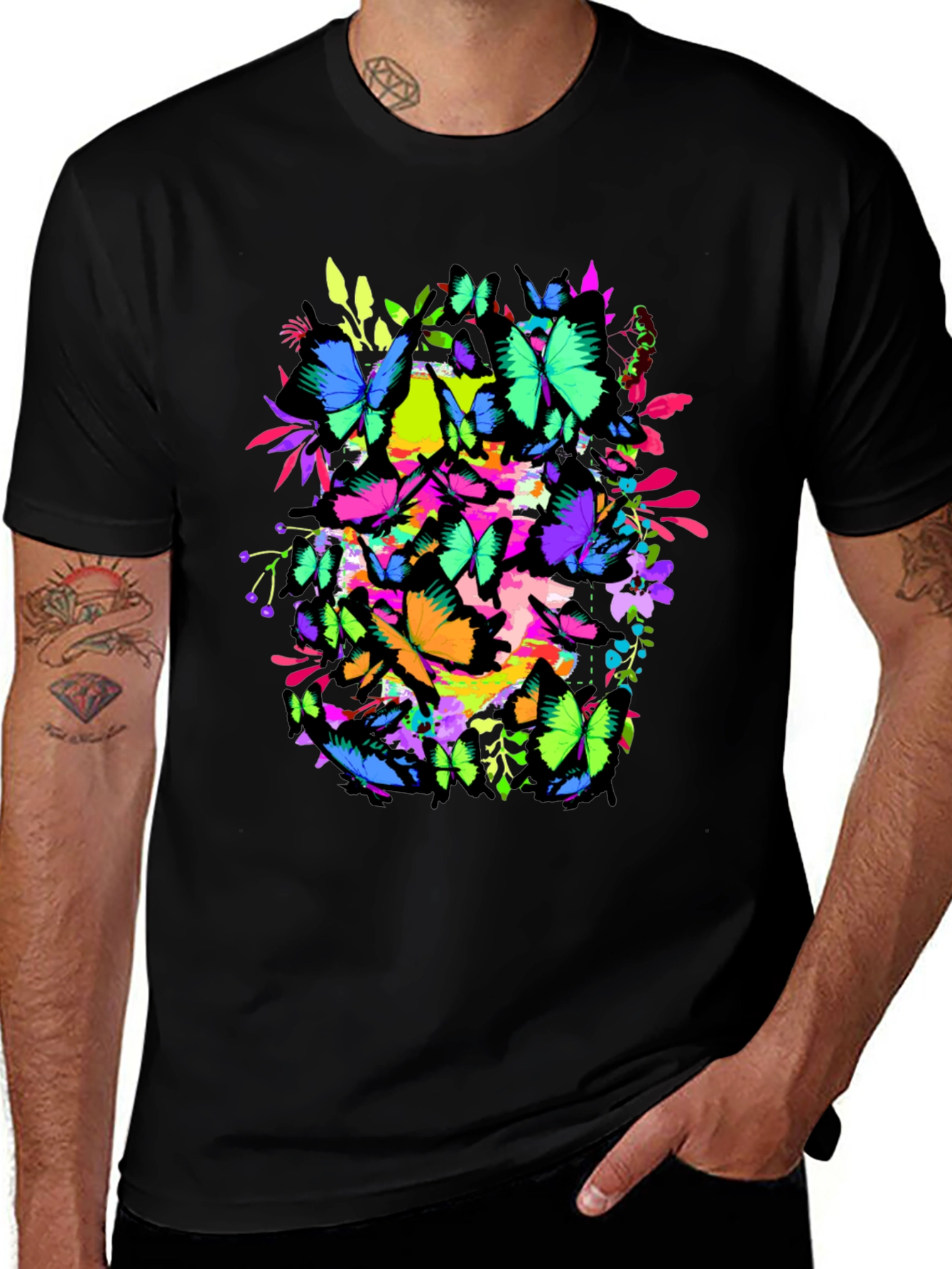 Variant 10 of Butterfly Graphic Tee - Vivid Colors, Black T-Shirt