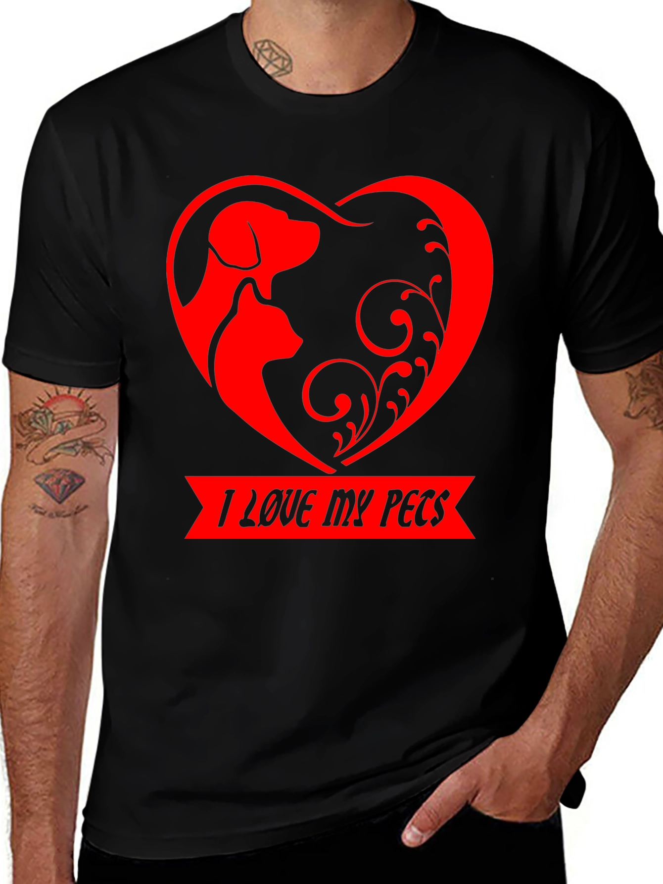 Variant 23 of I Love My Pets T-Shirt: Dog & Cat Heart Design