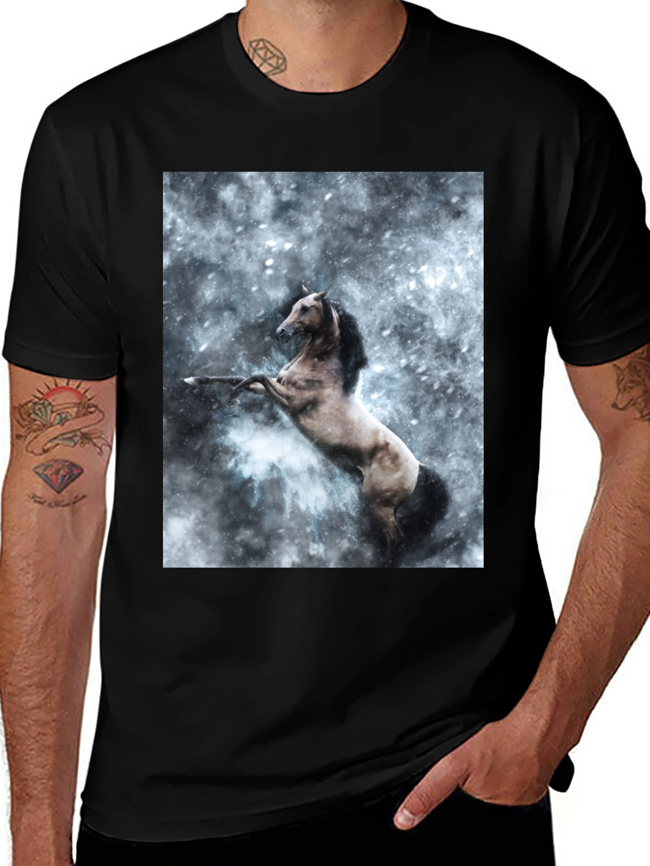 Variant 21 of Black T-Shirt with Rearing Horse Print