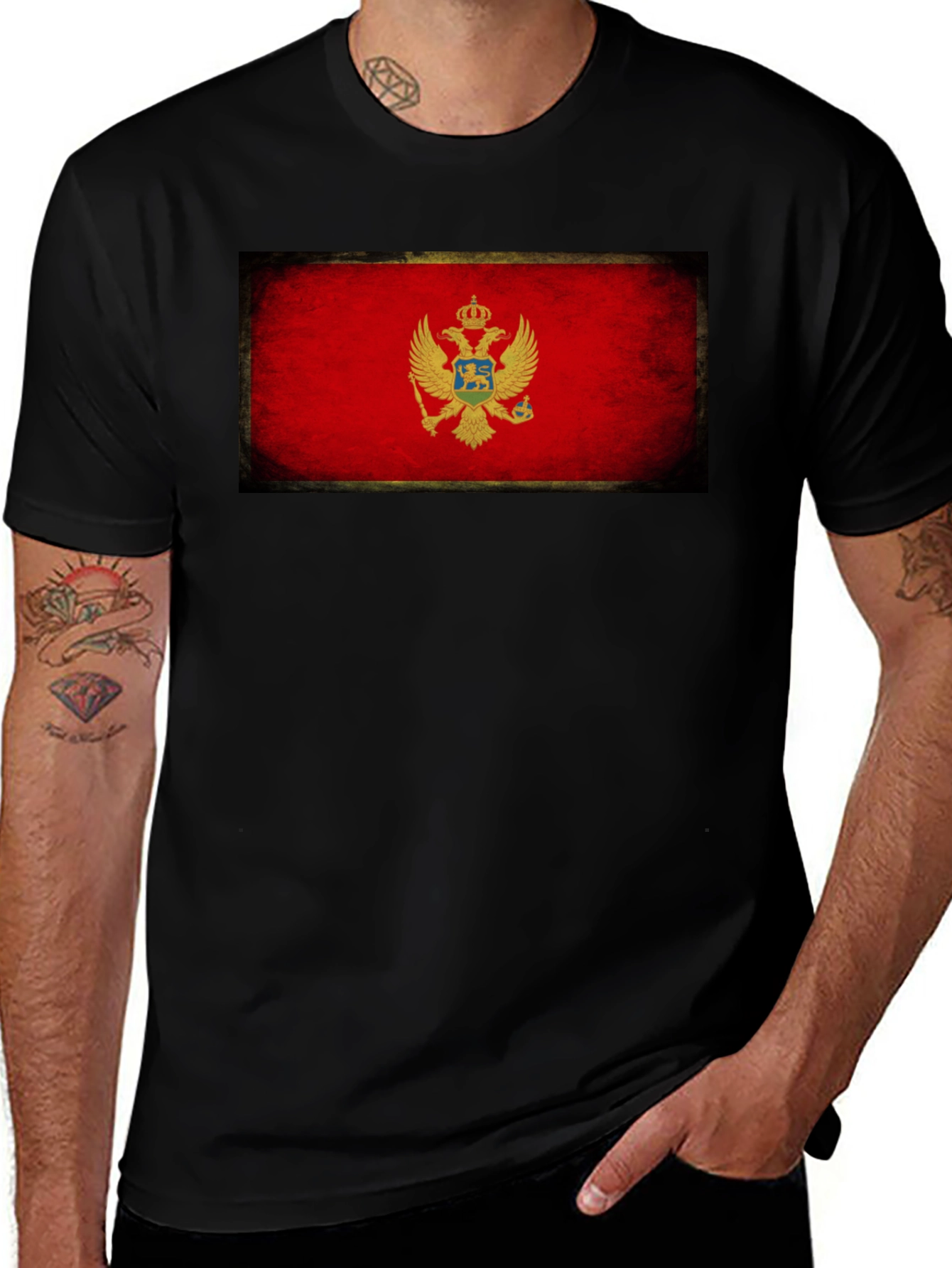 Montenegro Flag T-Shirt Black Distressed Look