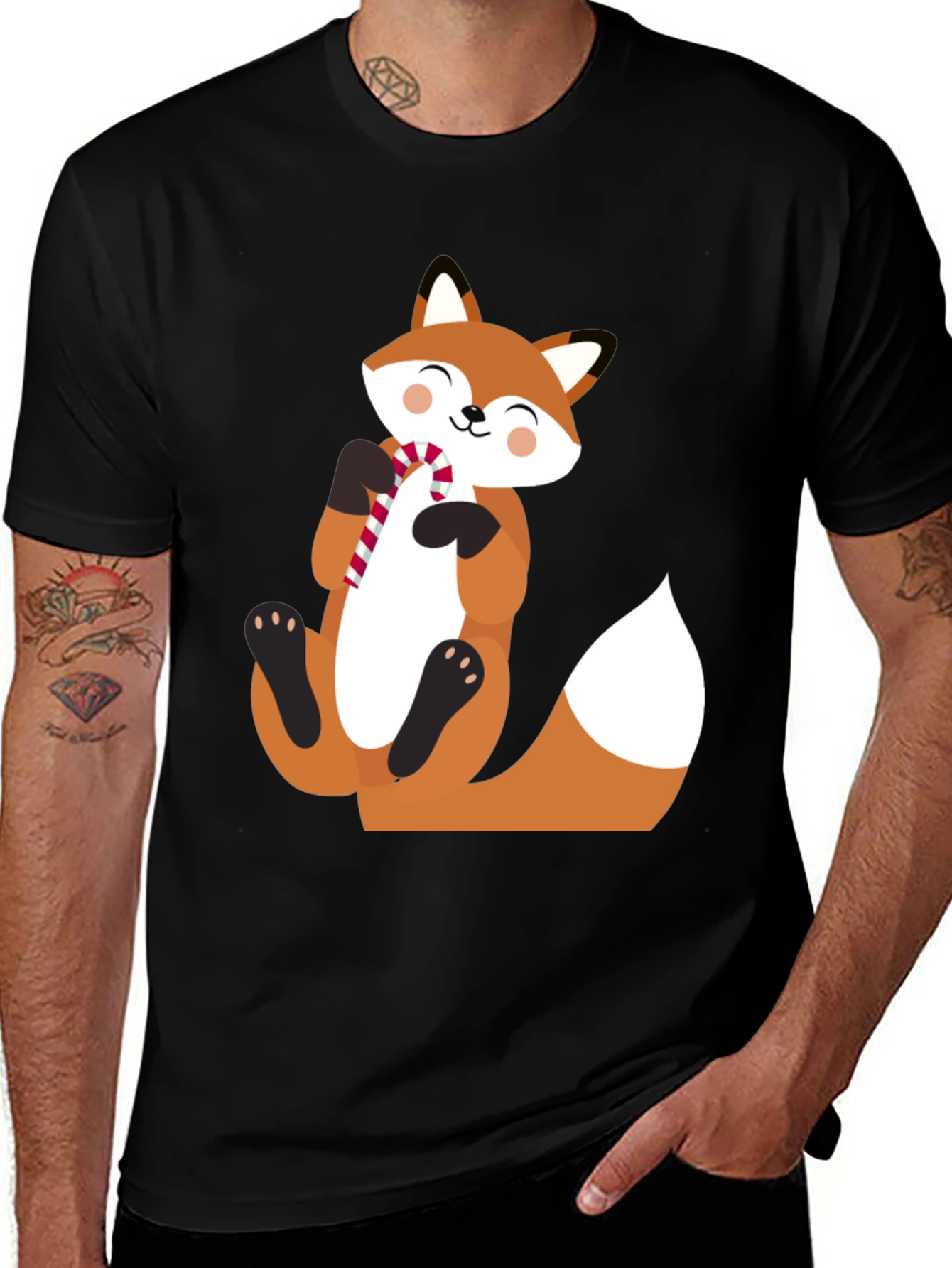 Variant 15 of Cute Fox with Candy Cane Black T-Shirt