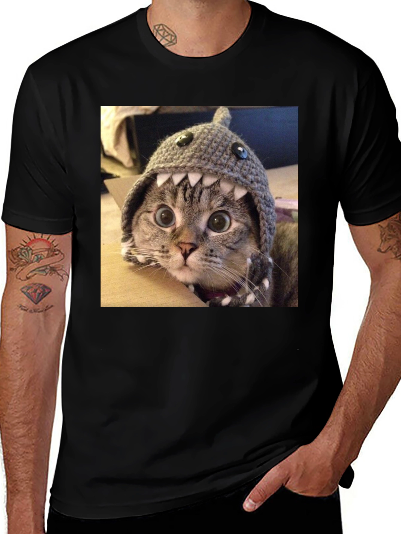Variant 3 of Funny Cat in Shark Hat T-Shirt
