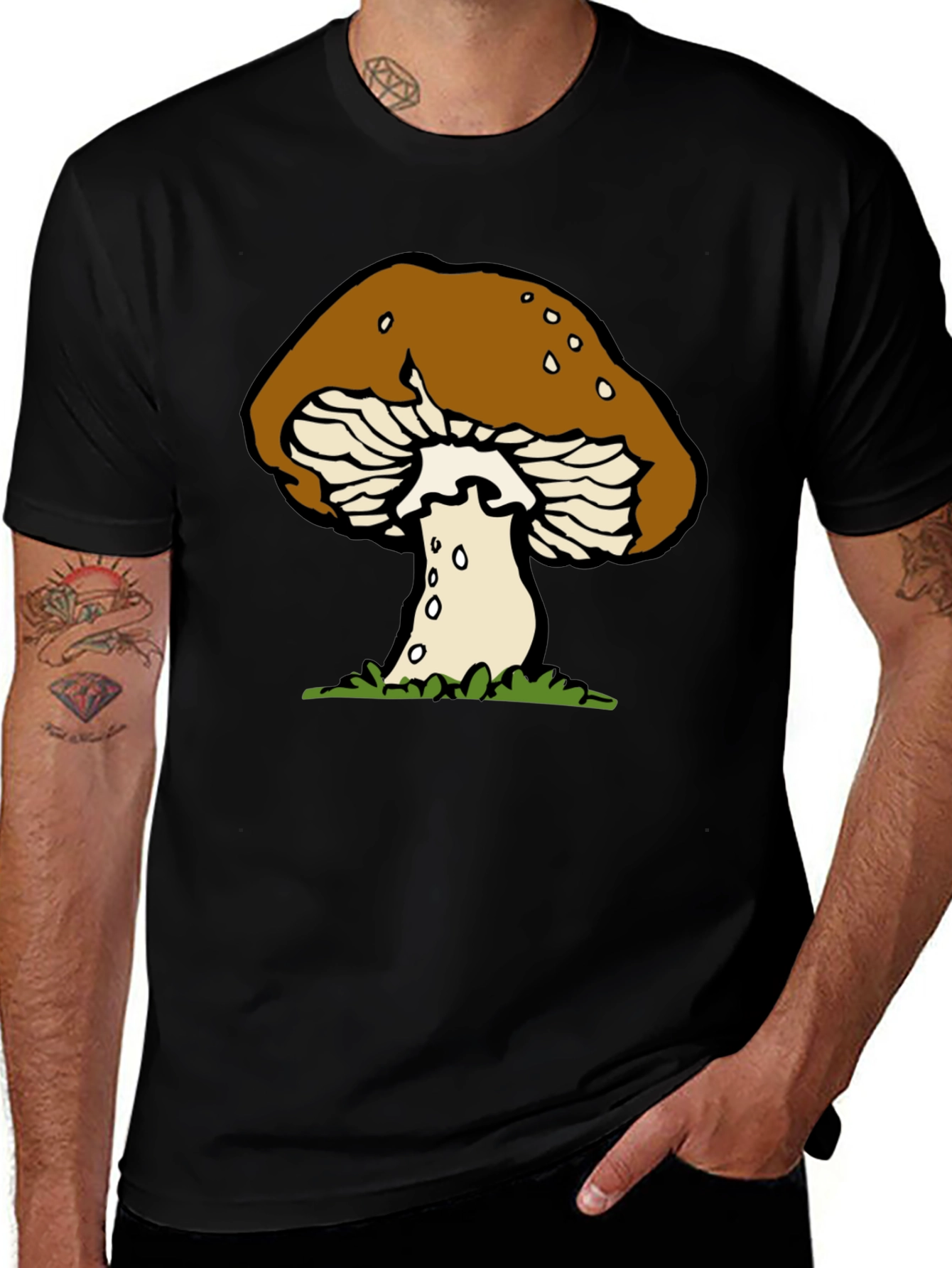 Mushroom Graphic Tee - Black Cotton Casual Wear