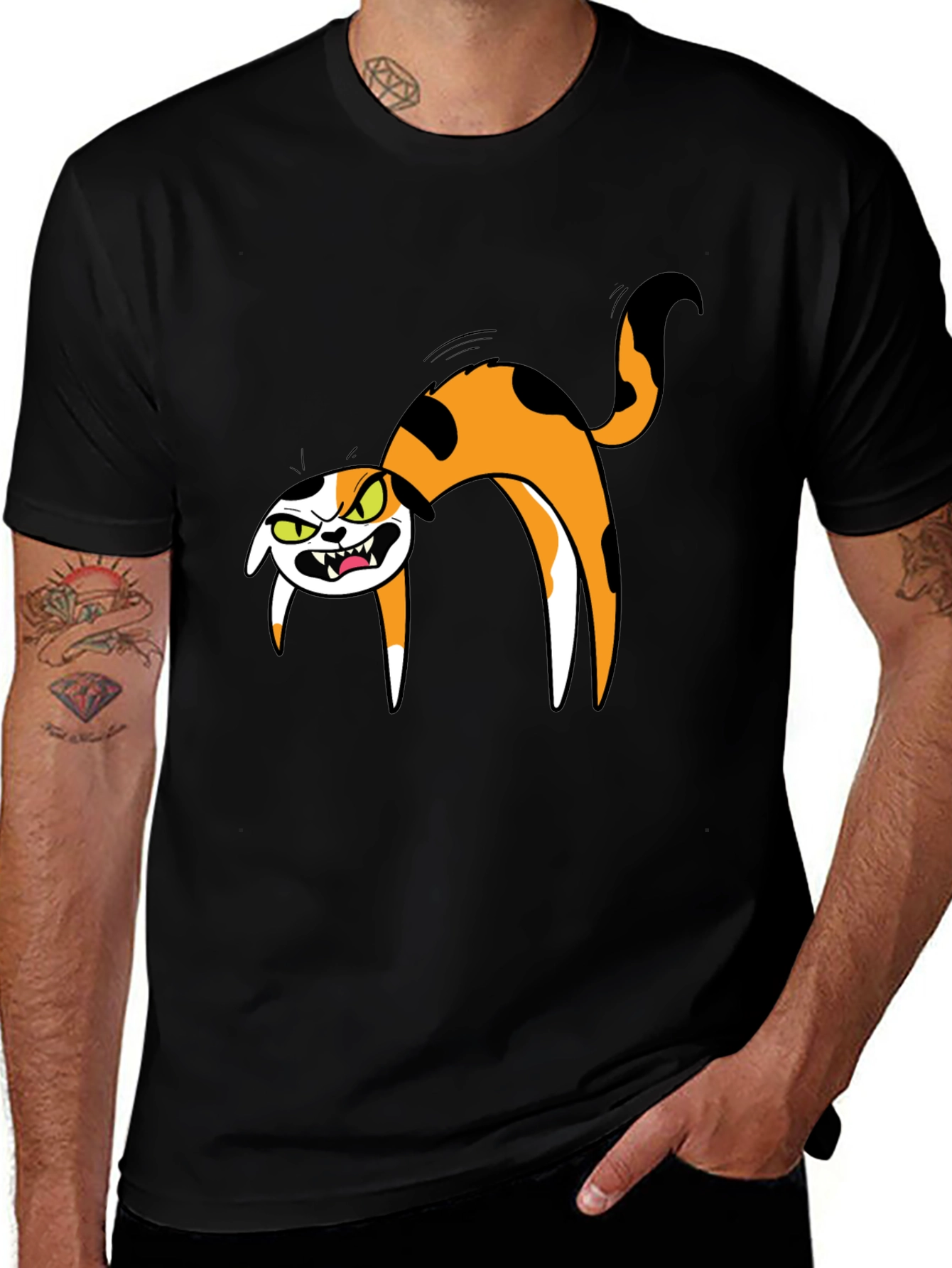 Variant 4 of Men's Black T-Shirt with Cartoon Angry Cat Design
