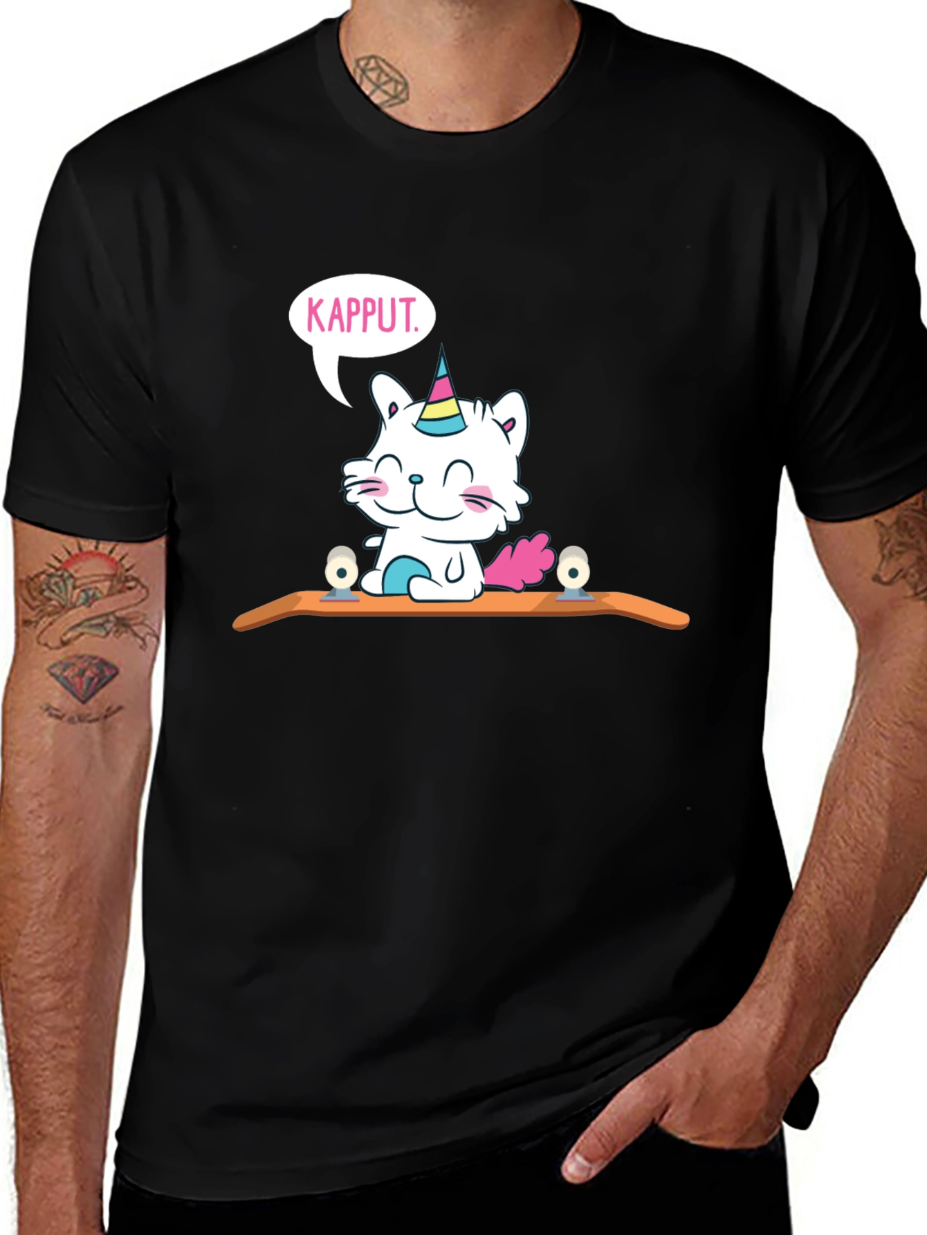 Variant 7 of Kapput Skater Cat T-Shirt - Black Cotton Tee