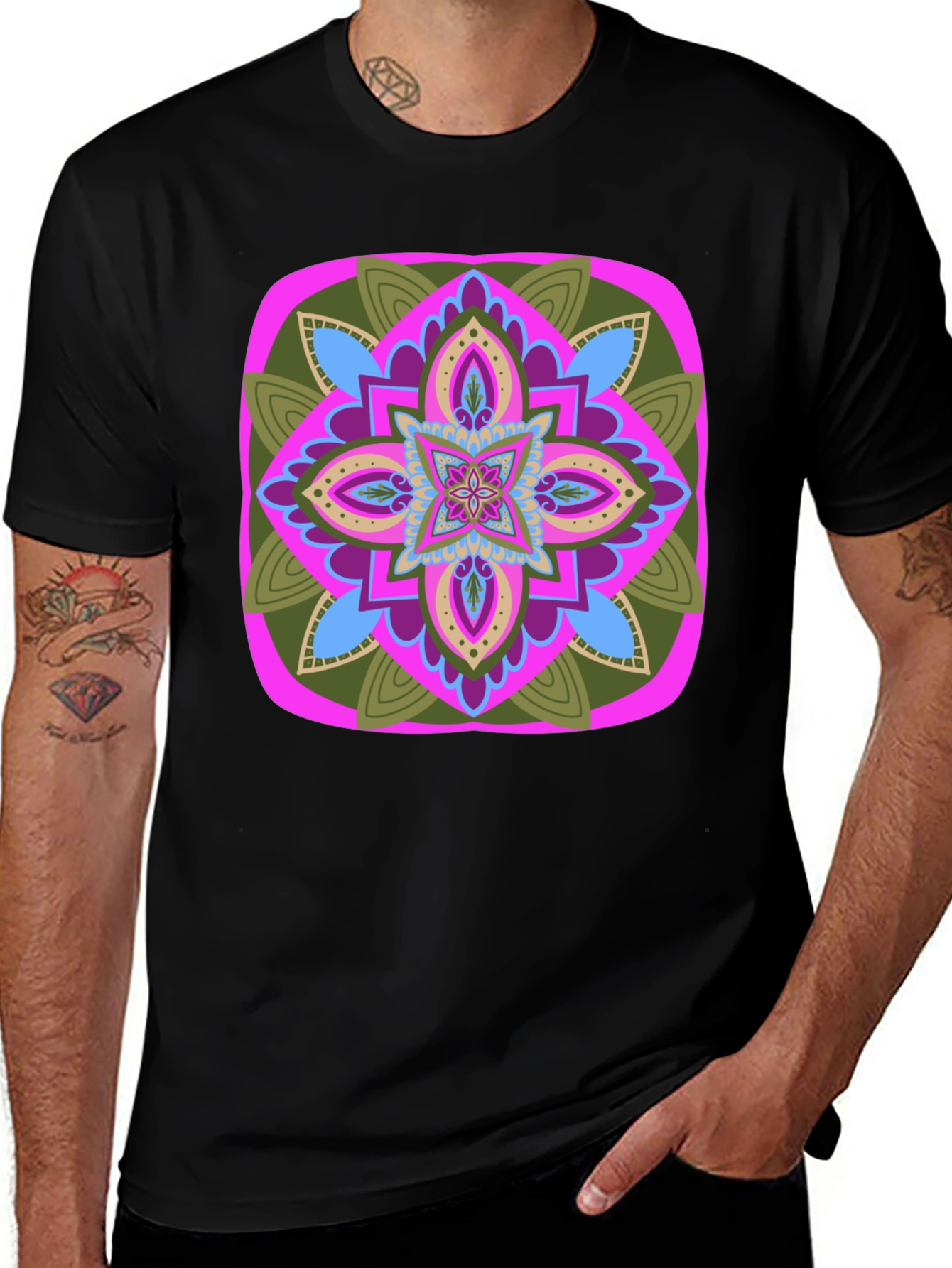 Variant 19 of Geometric Mandala T-Shirt - Black Cotton Blend