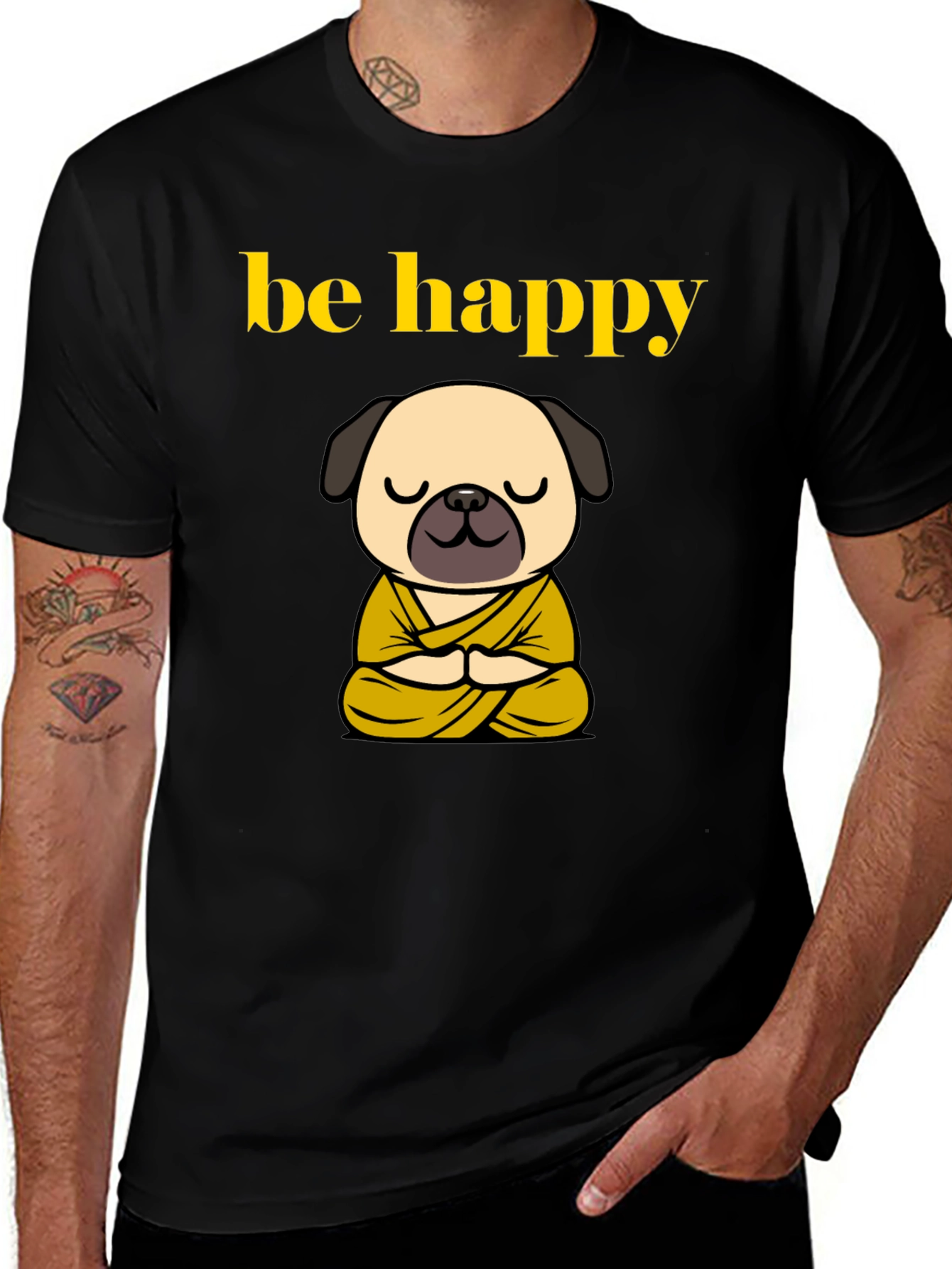Variant 2 of Be Happy Pug Buddha T-Shirt - Meditating Dog Tee