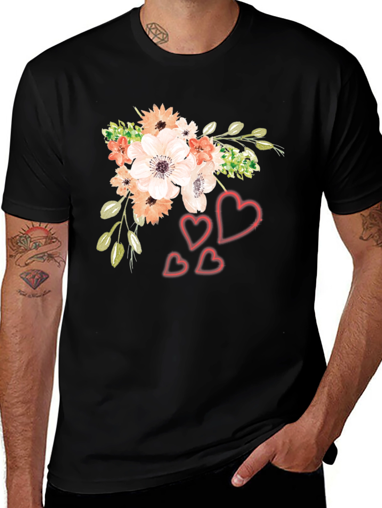 Variant 7 of Floral Heart Graphic Black T-Shirt