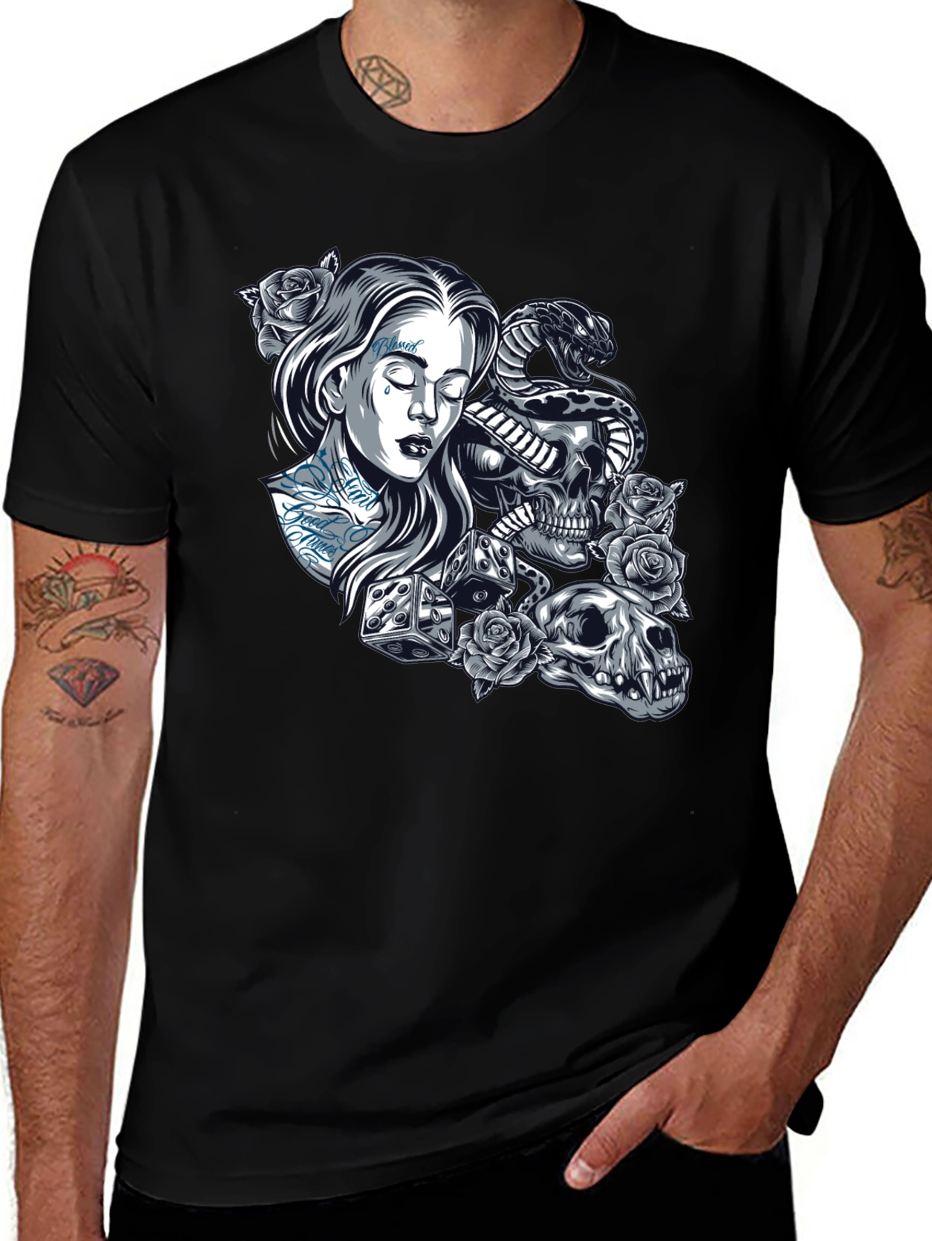 Variant 6 of Skull Snake Rose Tattoo Graphic T-Shirt