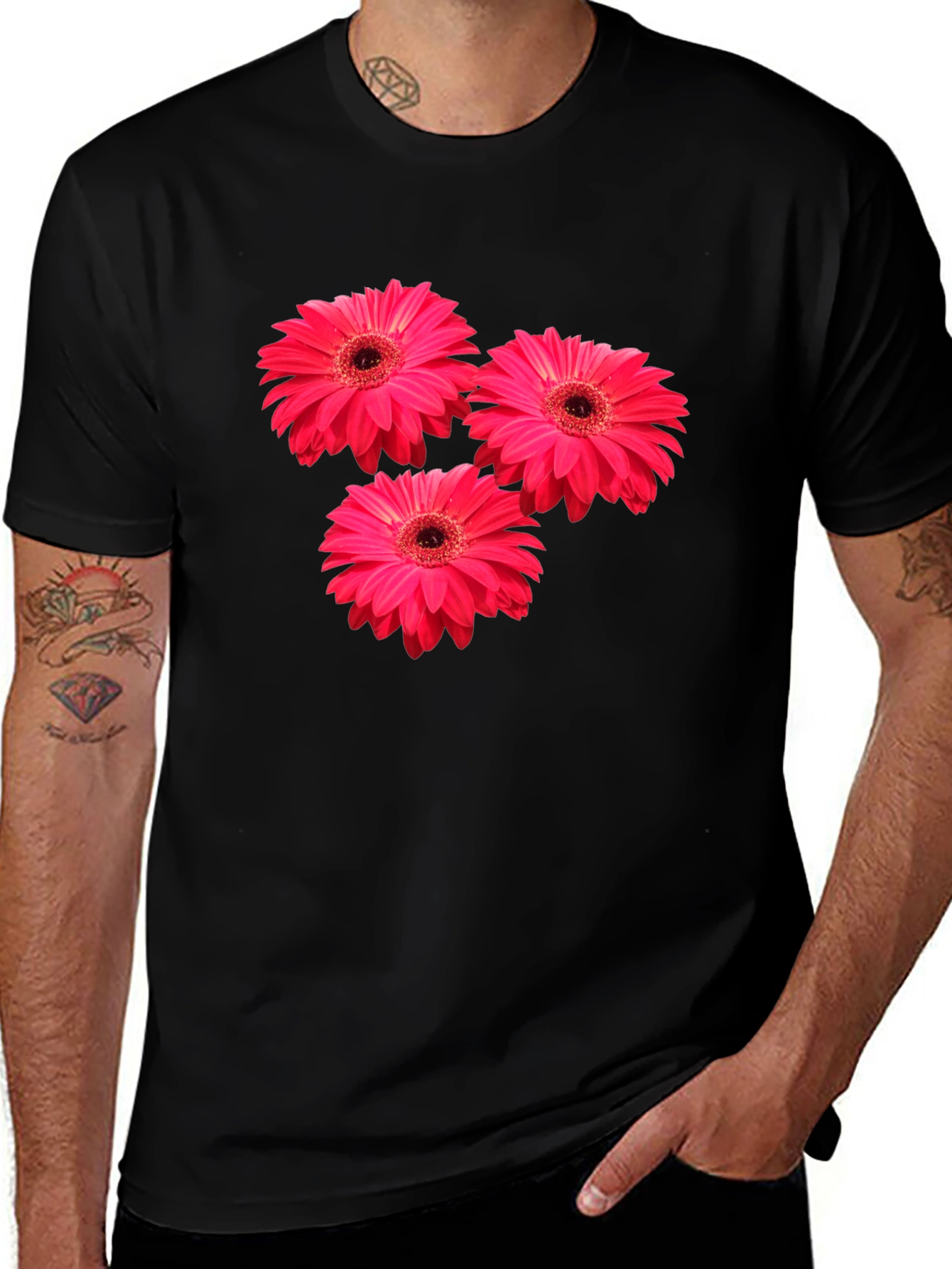 Variant 14 of Black T-Shirt with Pink Gerbera Daisy Flower Design