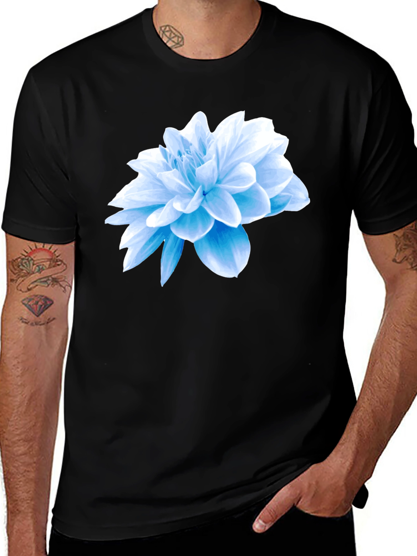 Blue Flower Graphic Black T-Shirt