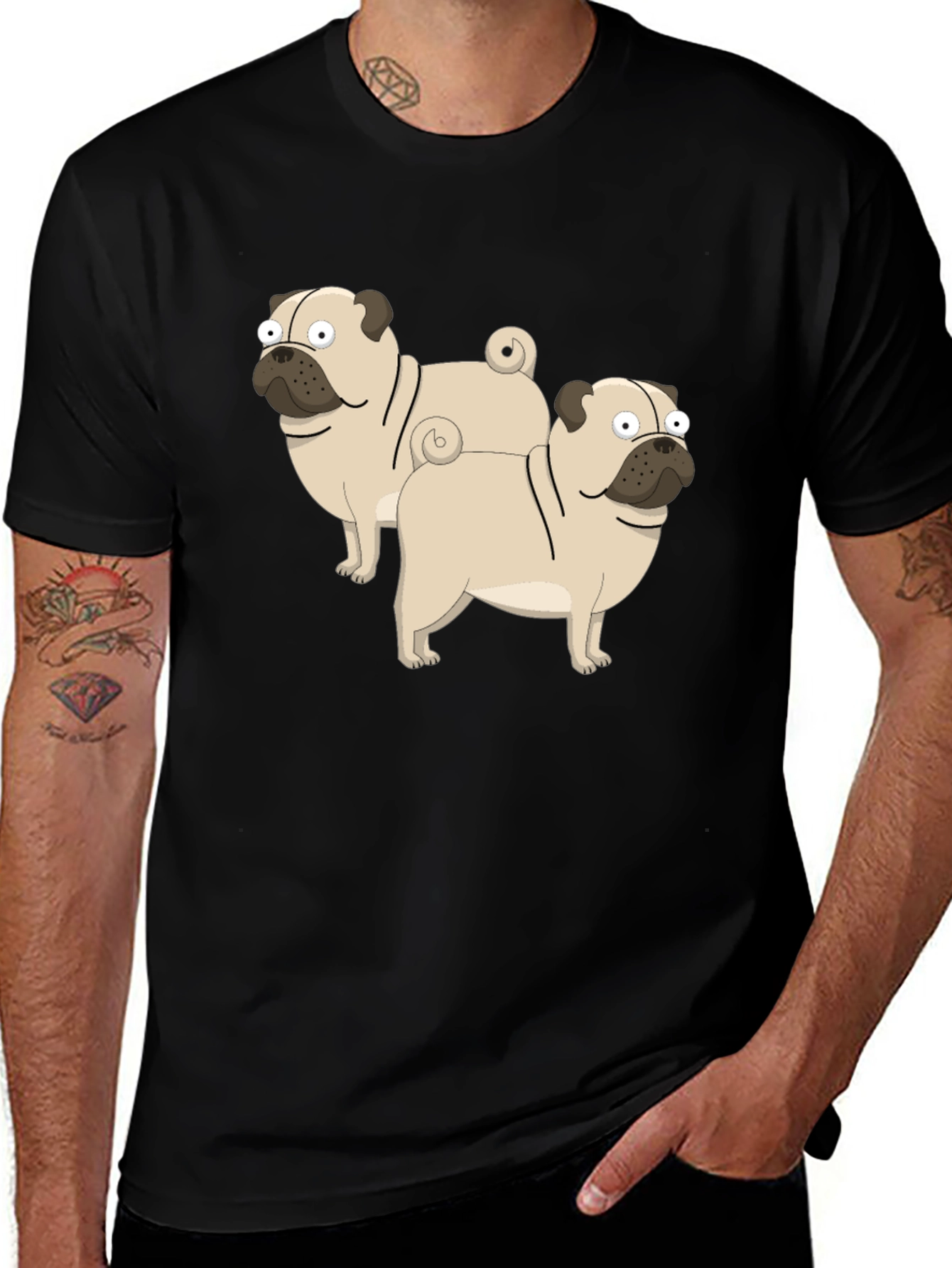 Variant 9 of Cartoon Pug Graphic T-Shirt - Black Cotton Blend