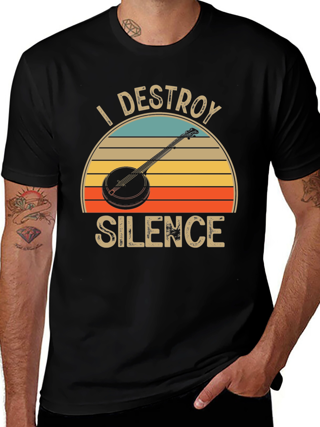Variant 7 of I Destroy Silence Banjo T-Shirt - Retro Sunset Design