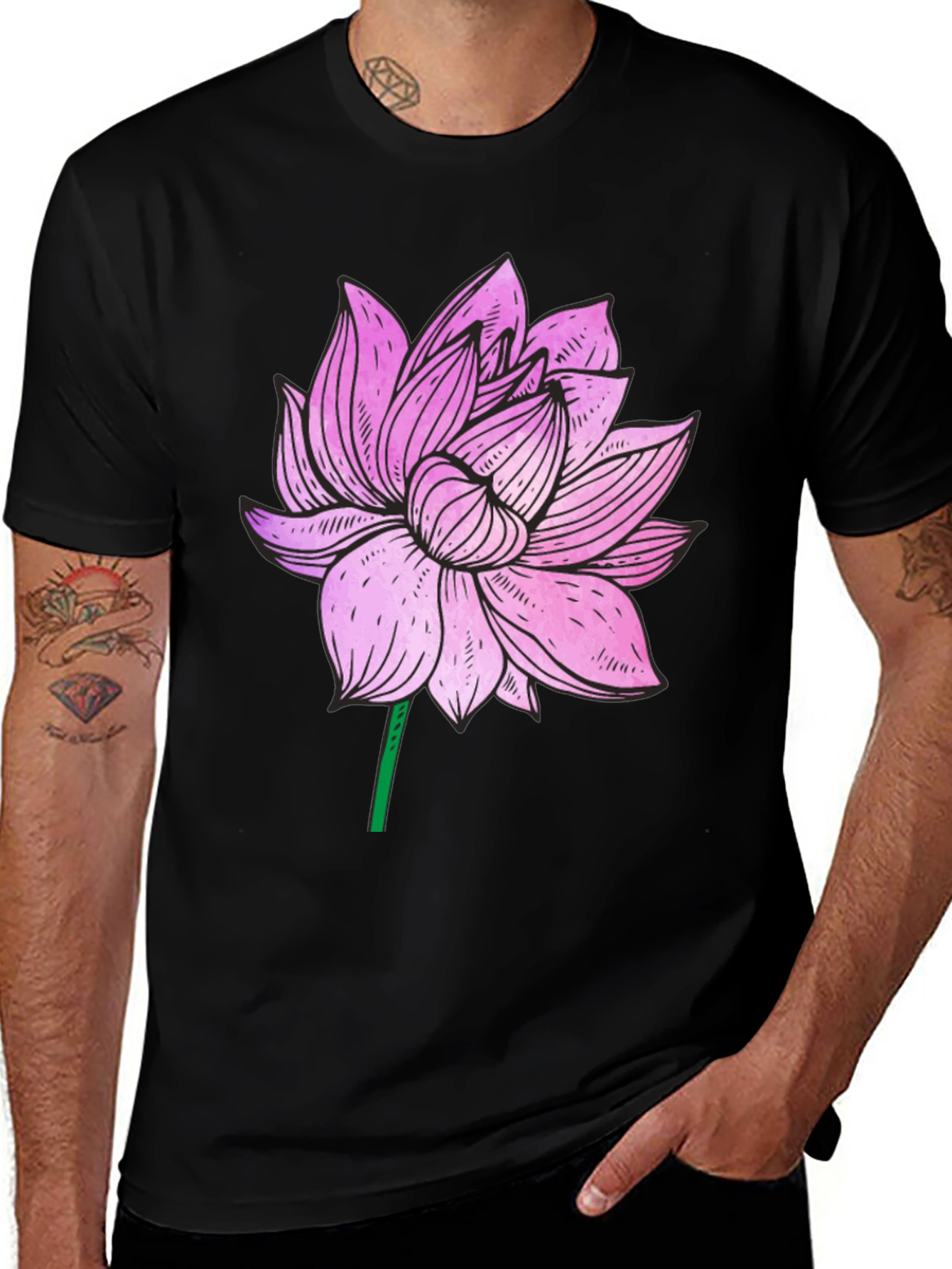 Variant 15 of Pink Lotus Flower Graphic Tee - Black Cotton T-Shirt