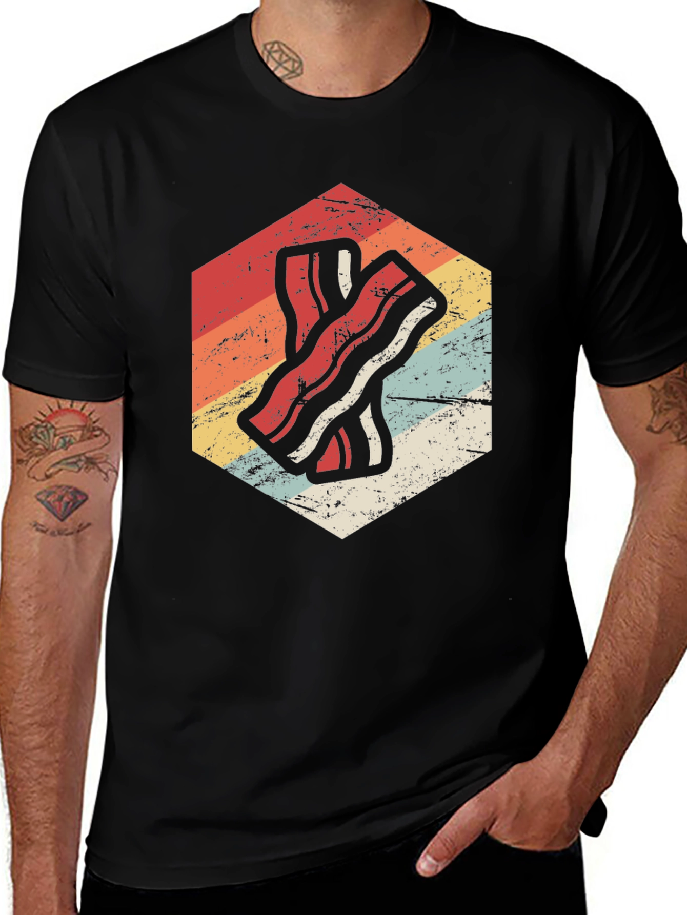 Variant 18 of Retro Bacon Strip Graphic Tee - Black Cotton Shirt