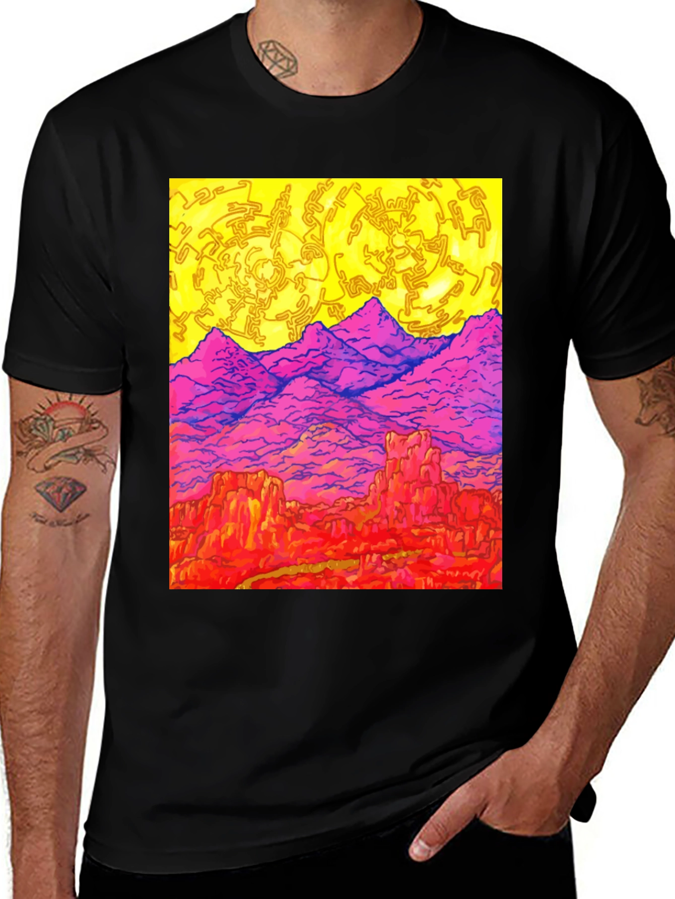 Vibrant Desert Landscape Graphic Tee - Black