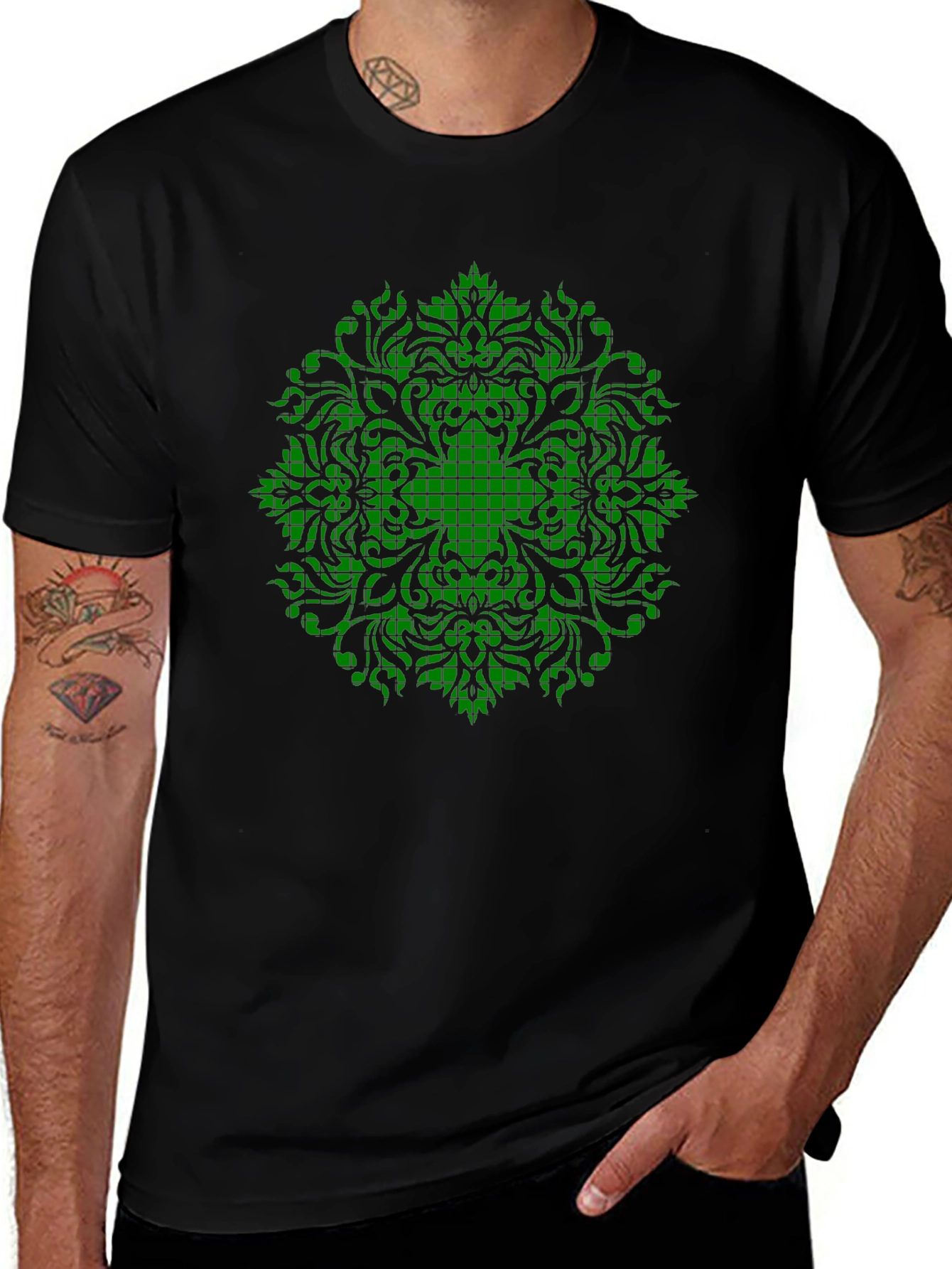 Variant 14 of Green Mandala Graphic Black T-Shirt