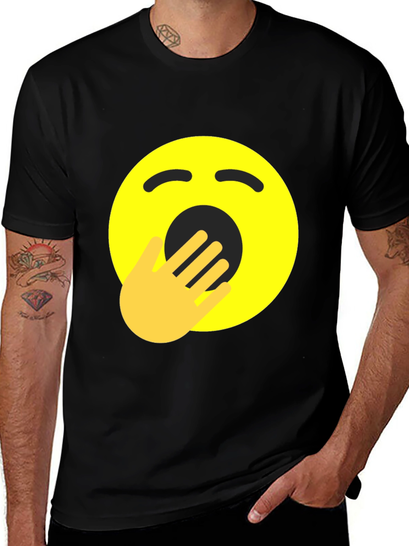 Variant 17 of Yawning Emoji Graphic Tee - Black Cotton Comfort