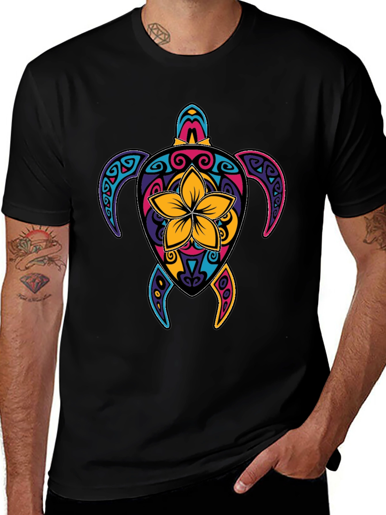 Variant 29 of Vibrant Turtle Graphic Tee - Men's Black T-Shirt