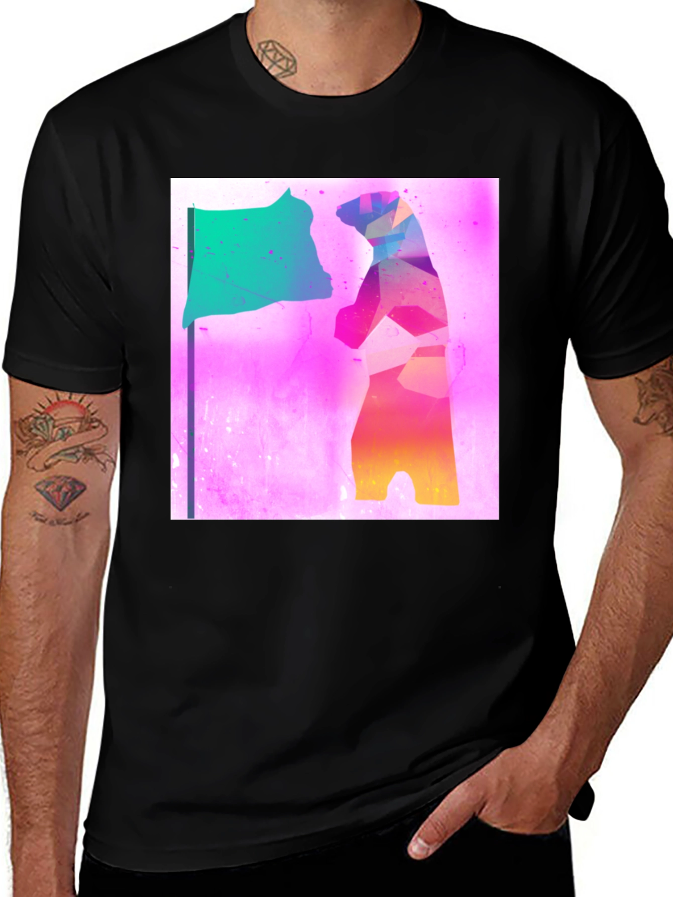 Variant 19 of Abstract Bear Flag Graphic Tee - Black Cotton Blend