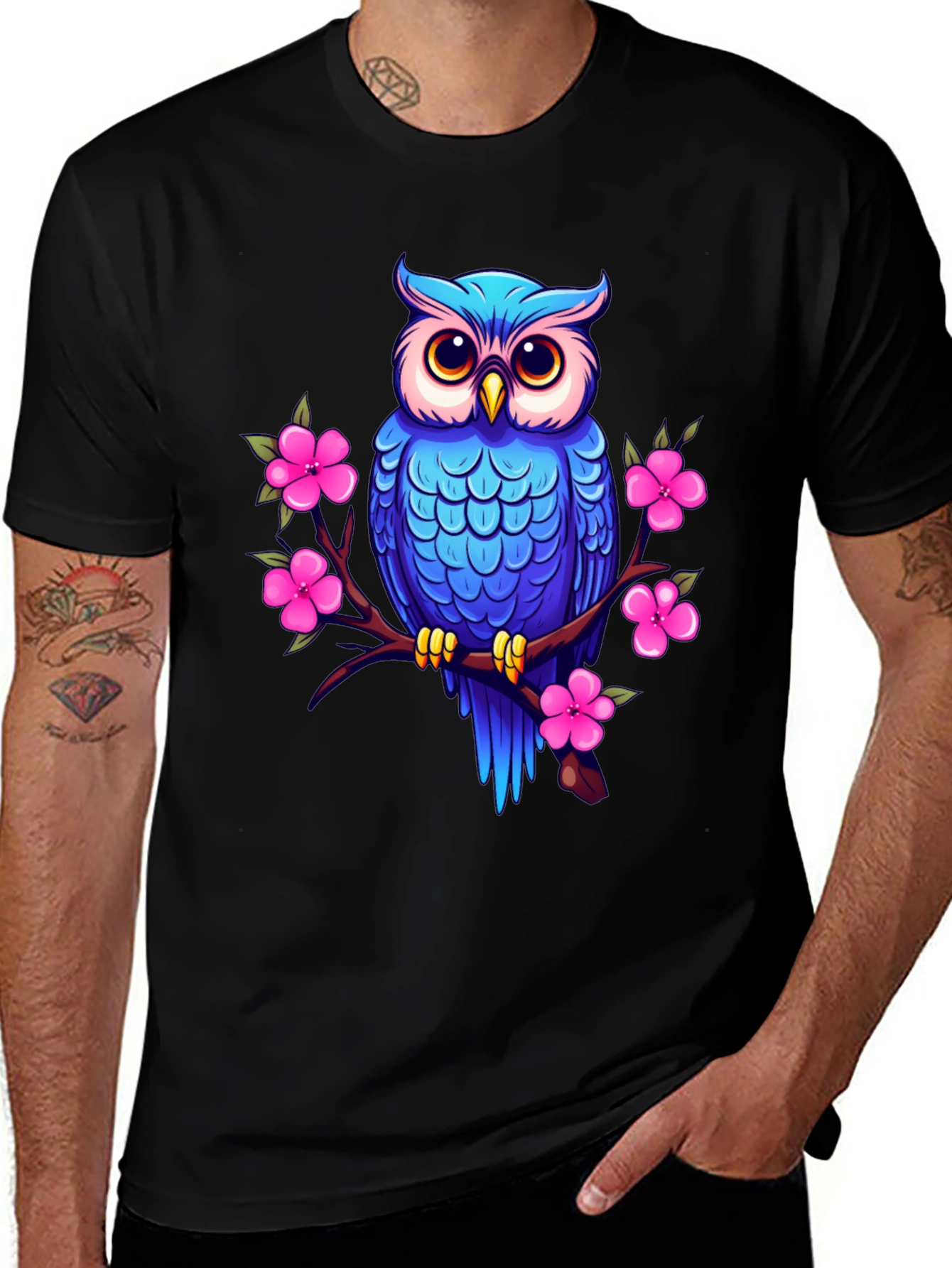 Variant 17 of Owl & Cherry Blossom Graphic Tee - Black T-Shirt