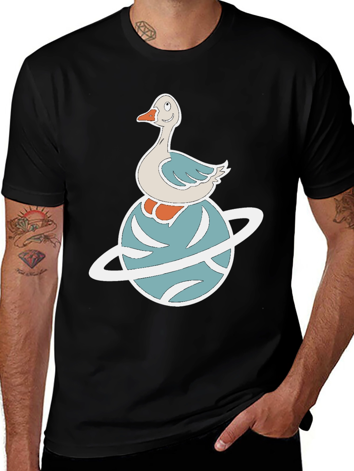 Black Whimsical Goose on Planet Graphic Tee main image