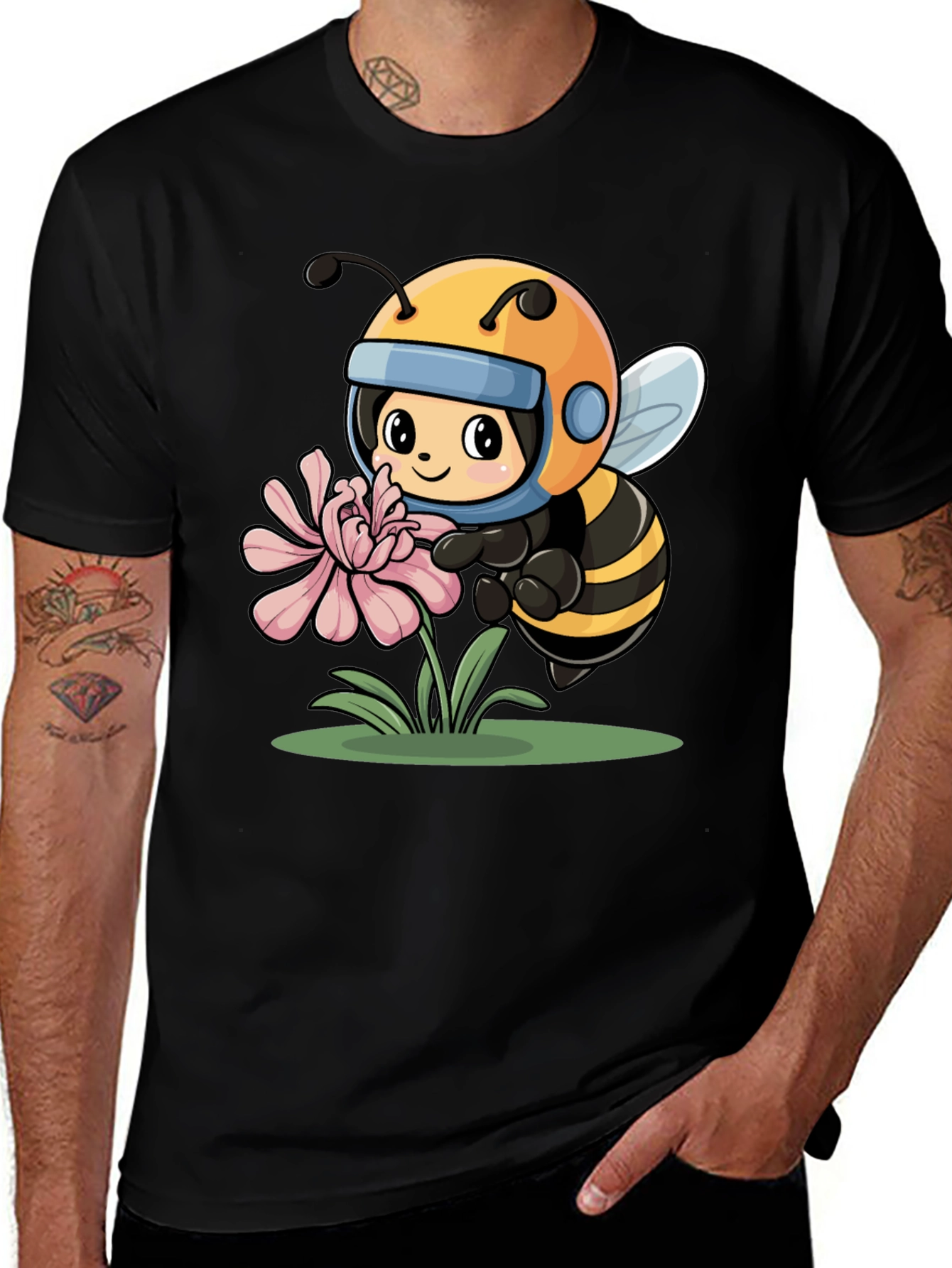 Variant 22 of Cartoon Bee on Flower Black T-Shirt